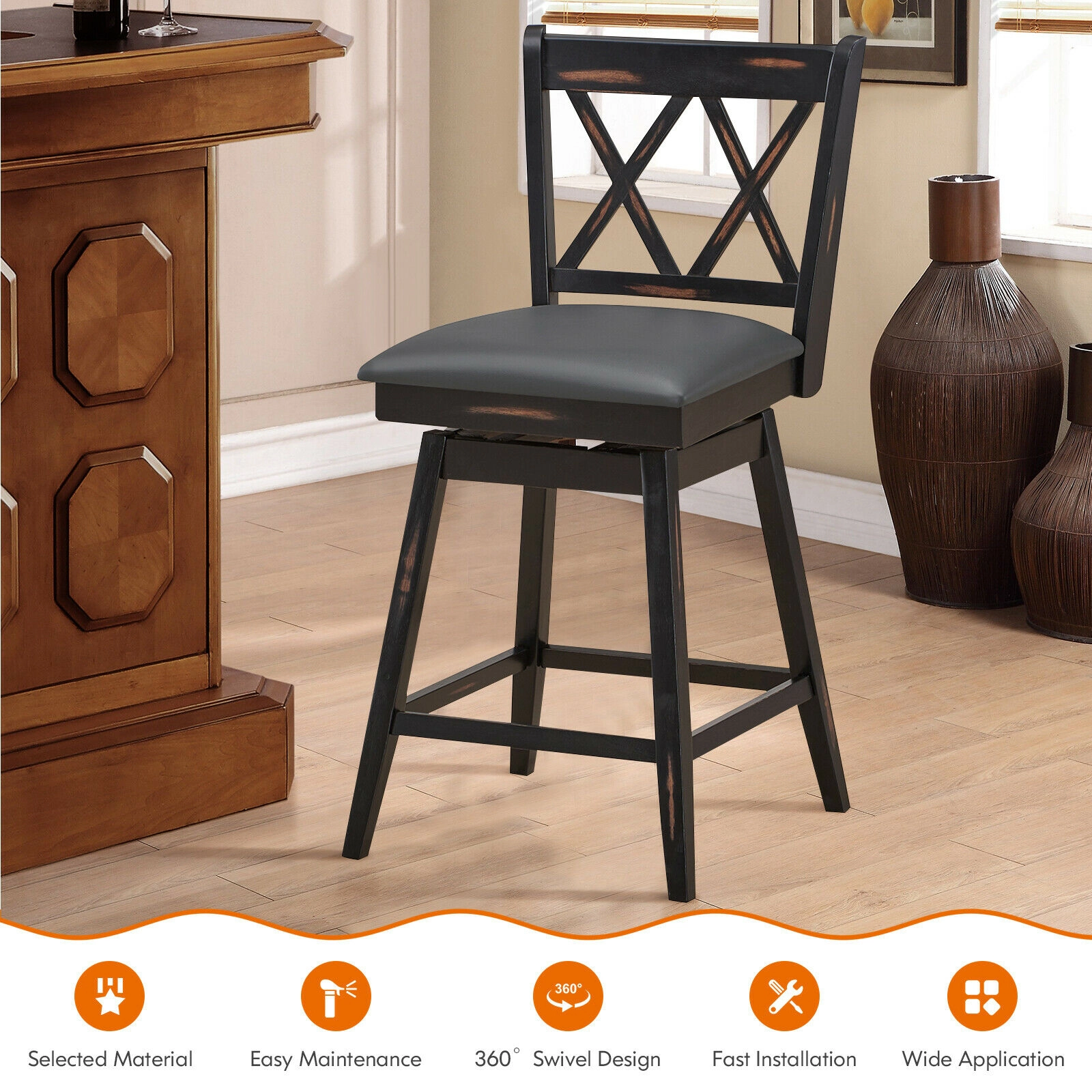 SUGIFT Black Rubber Wood Legs 2 Piece 24 Inch Swivel Counter Height Bar Stool Set