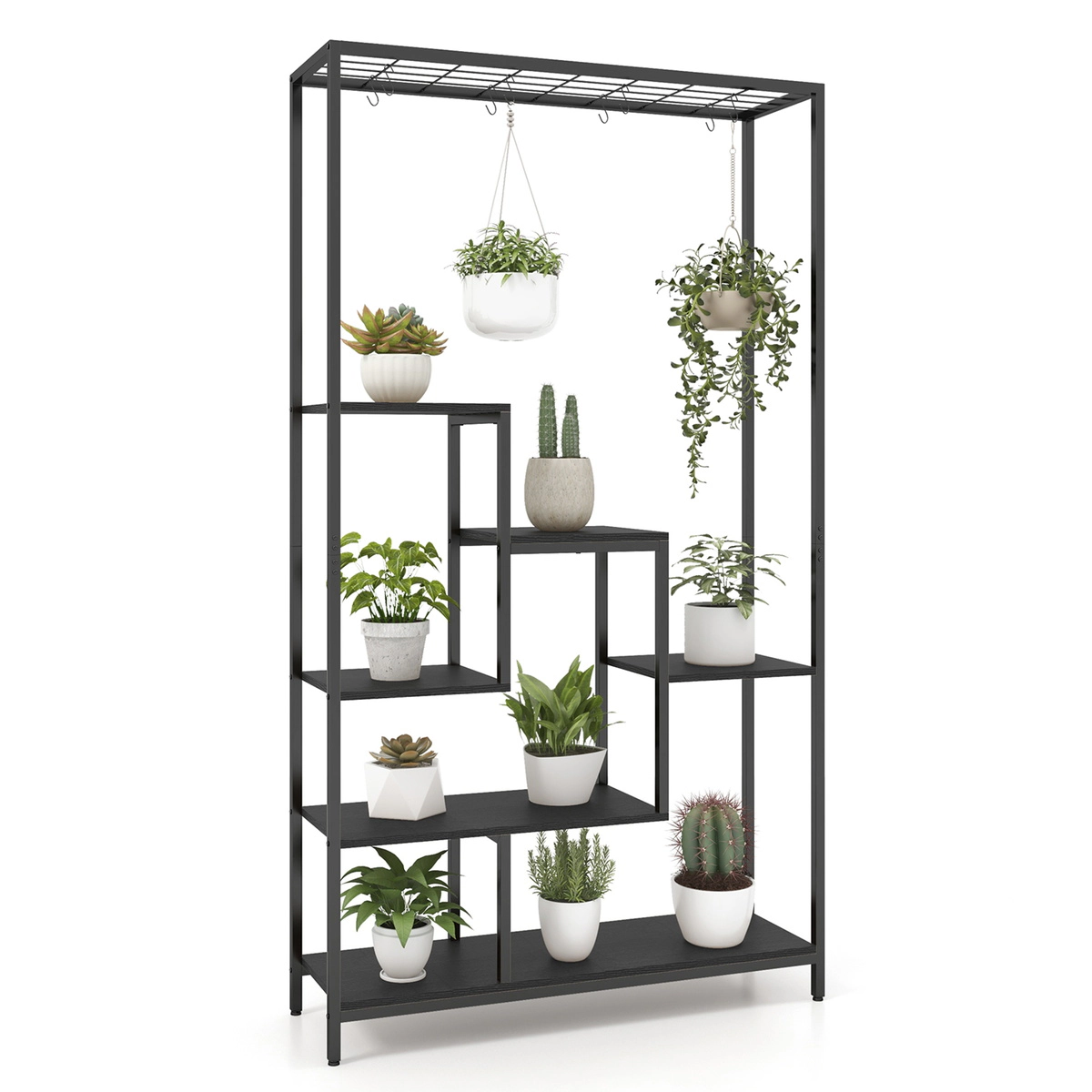 SUGIFT 6-Tier 71-in Tall Indoor Ladder Metal Plant Stand Shelf with 10 Hanging Hooks and Anti-Tip Kit