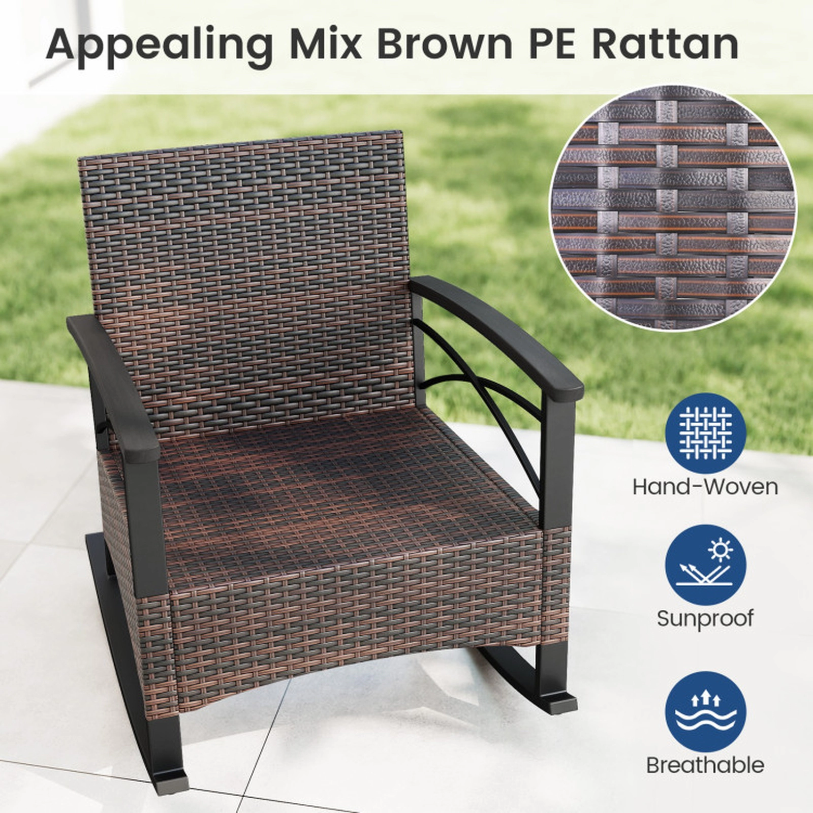 SUGIFT 3-Piece Brown PE Rattan Outdoor Rocking Chair Set with Acacia Side Table, 400-lb Capacity
