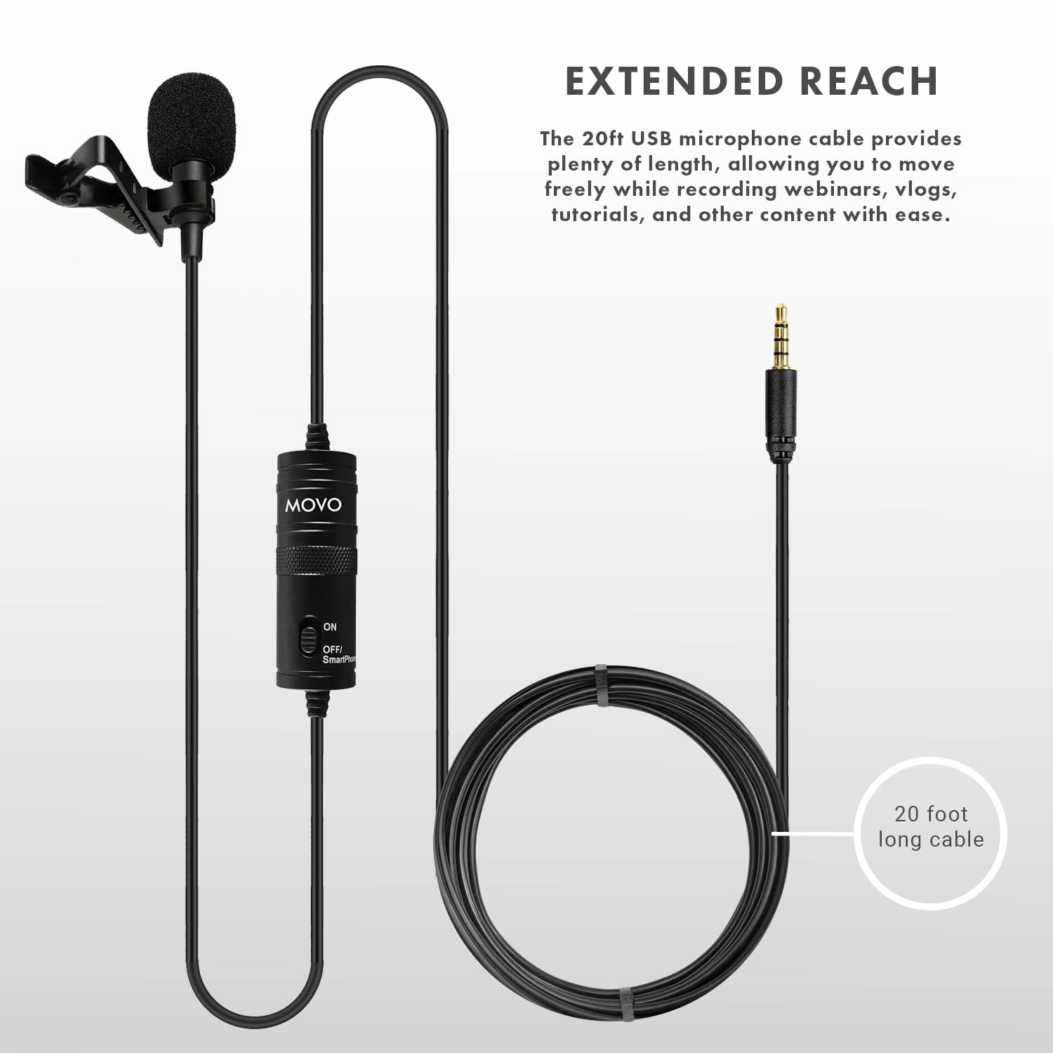 Movo LV1-USB Lavalier Microphone for Camera, Lapel for iPhone and Android Smartphones, Body Lav Mic, Clip On Microphone