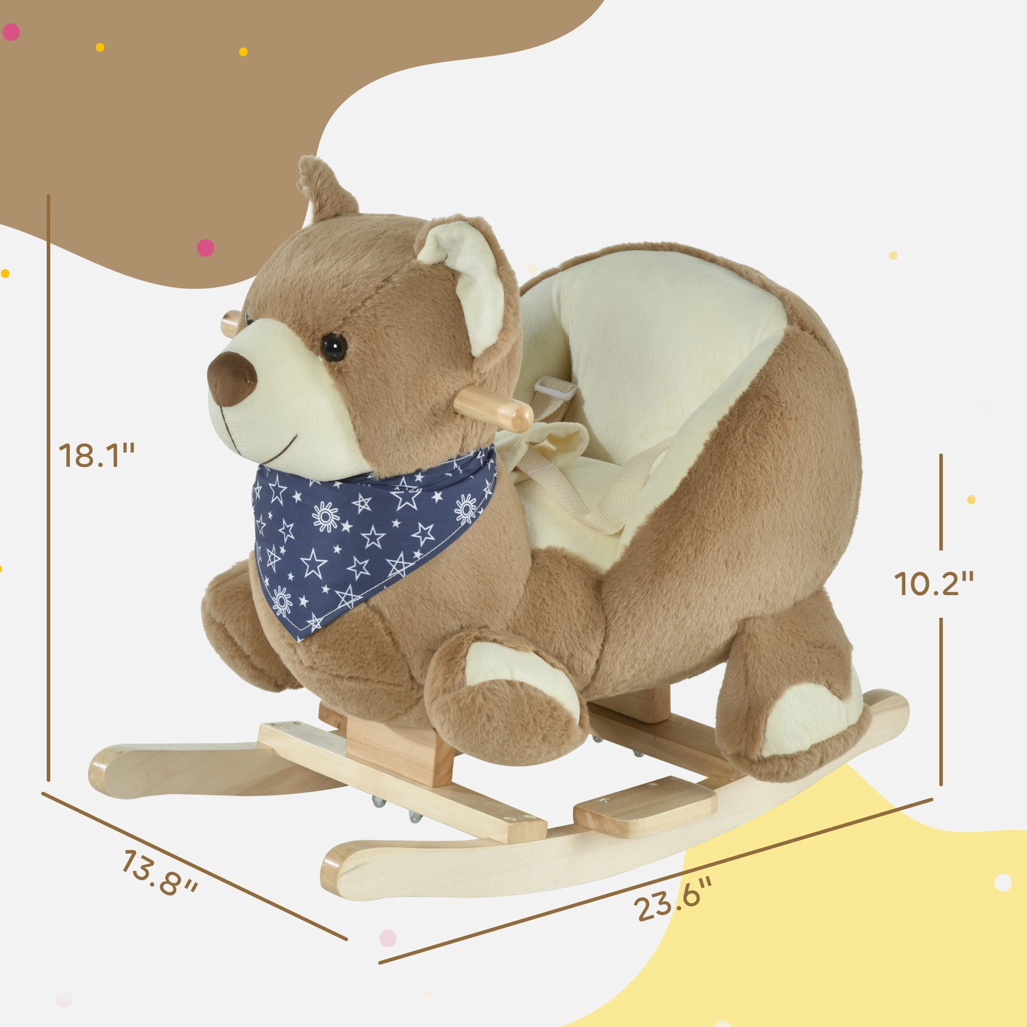 HONGGE Bear-Themed Baby Rocking Horse with Lullaby Sound, Poplar Wood Base and Safety Belt, 18-36 Months