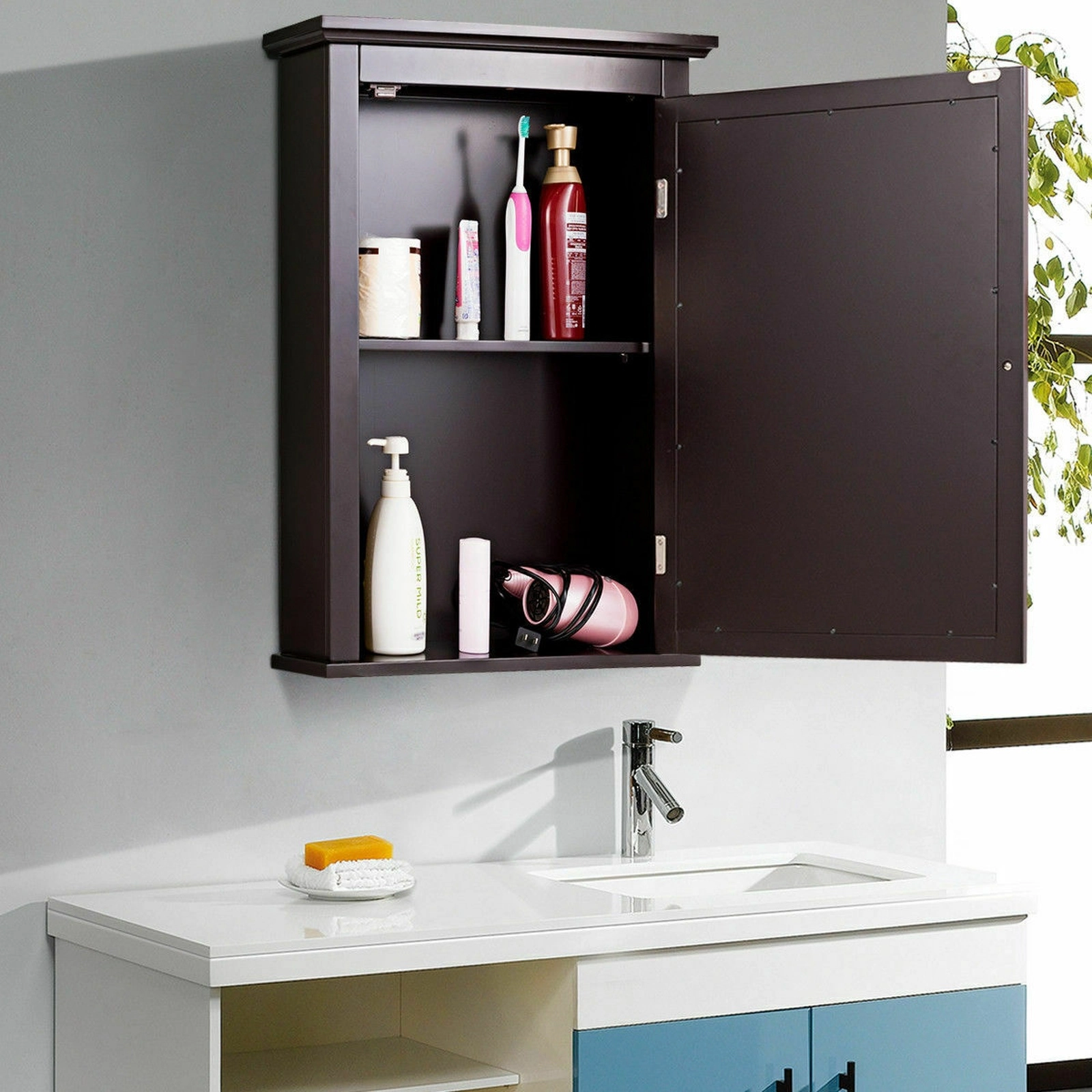 SUGIFT Mirrored Door Retro Handle Adjustable Shelves MDF Bathroom Medicine Cabinet 22-in x 6-in x 27.5-in 11-lb Brown