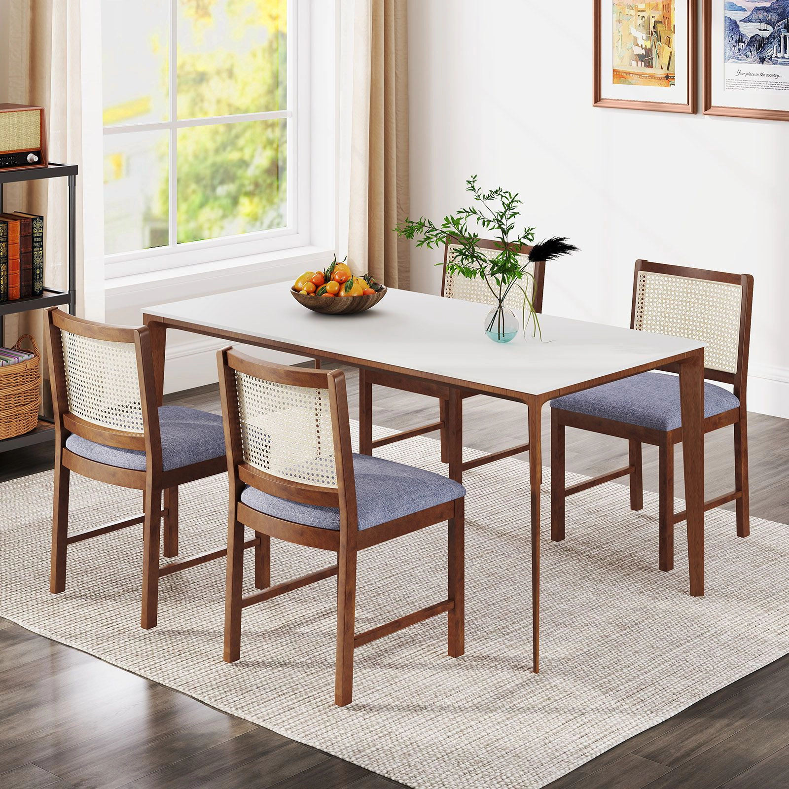 SlickBlue Rustic Rattan Dining Chairs with Linen Seat Set of 2