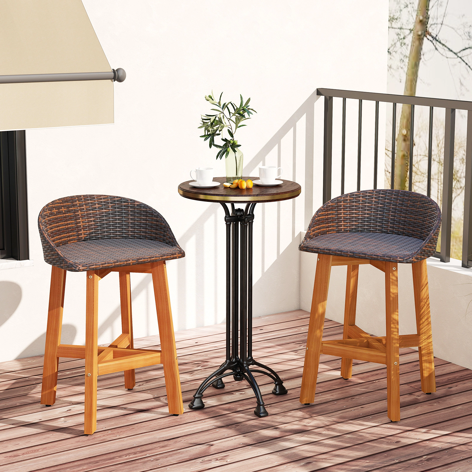SUGIFT Acacia Wood Legs and Footrest 400-lb Set of 2 Outdoor Faux Rattan Bar Stools