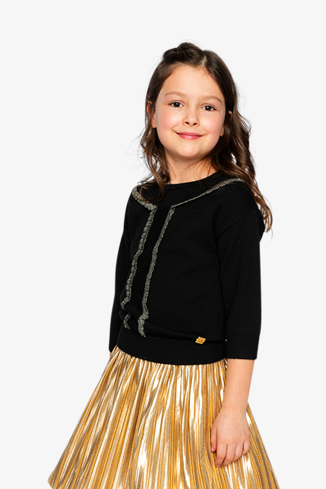 Deux par Girls Knitted Crewneck Sweater with Metallic Lace Detail
