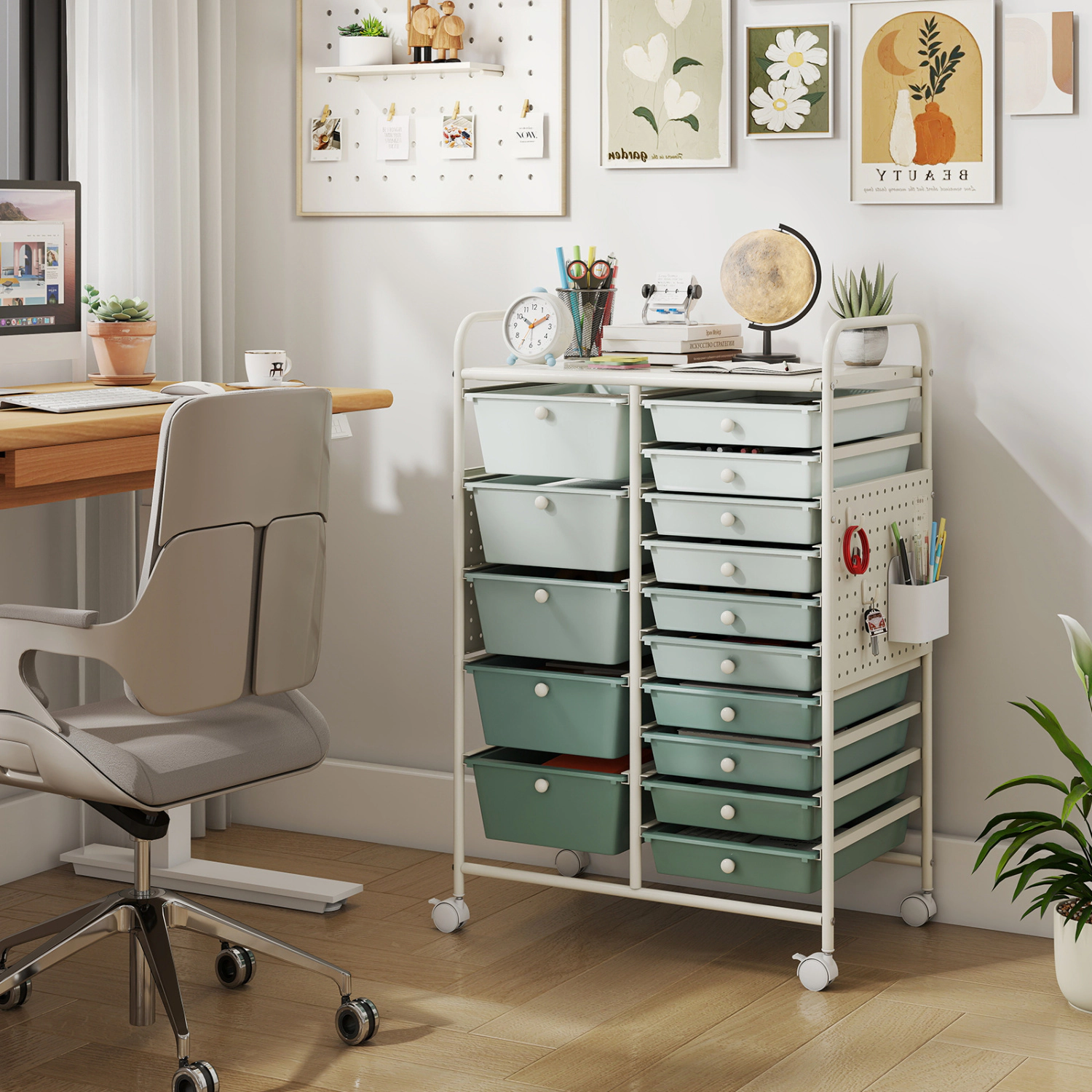 SUGIFT 15-Drawer Rolling Storage Cart with Metal Tabletop and Pegboard 34.5-in Tall Green
