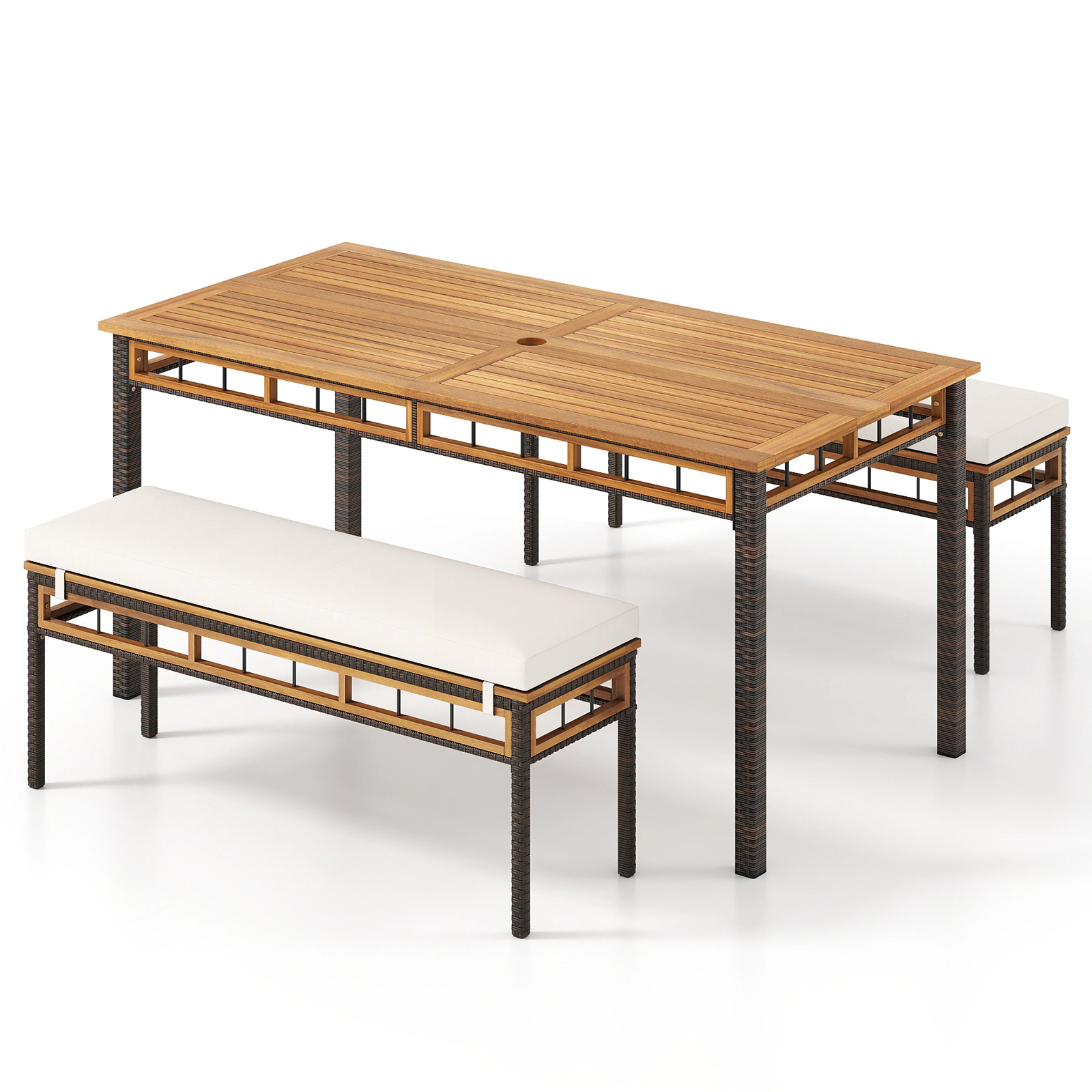 SUGIFT 3-Piece Acacia Wood Patio Dining Set, 63-Inch Table, 2 Benches, Umbrella Hole