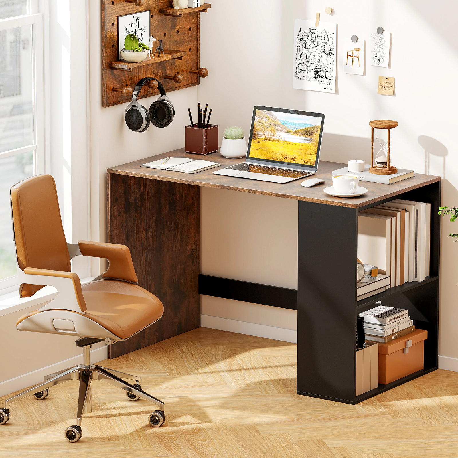 SUGIFT 44-In Computer Desk with 2-Tier Bookshelf 155-lb Tabletop Capacity Rustic Brown and Black