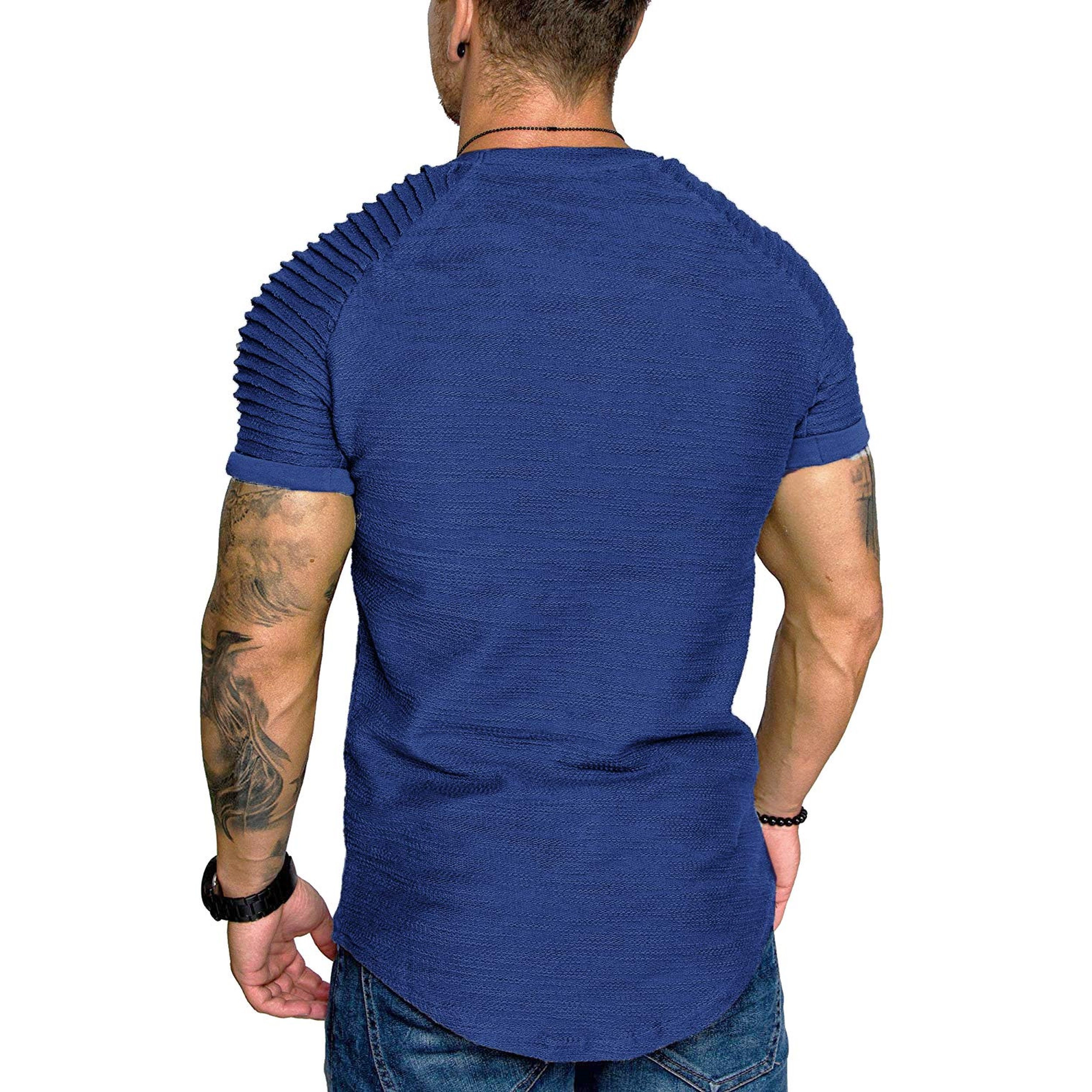 COOFANDY Mens Short Sleeve Crew Neck Tee Ribbed Pleated Sleeves Curved Hem Slim Tops