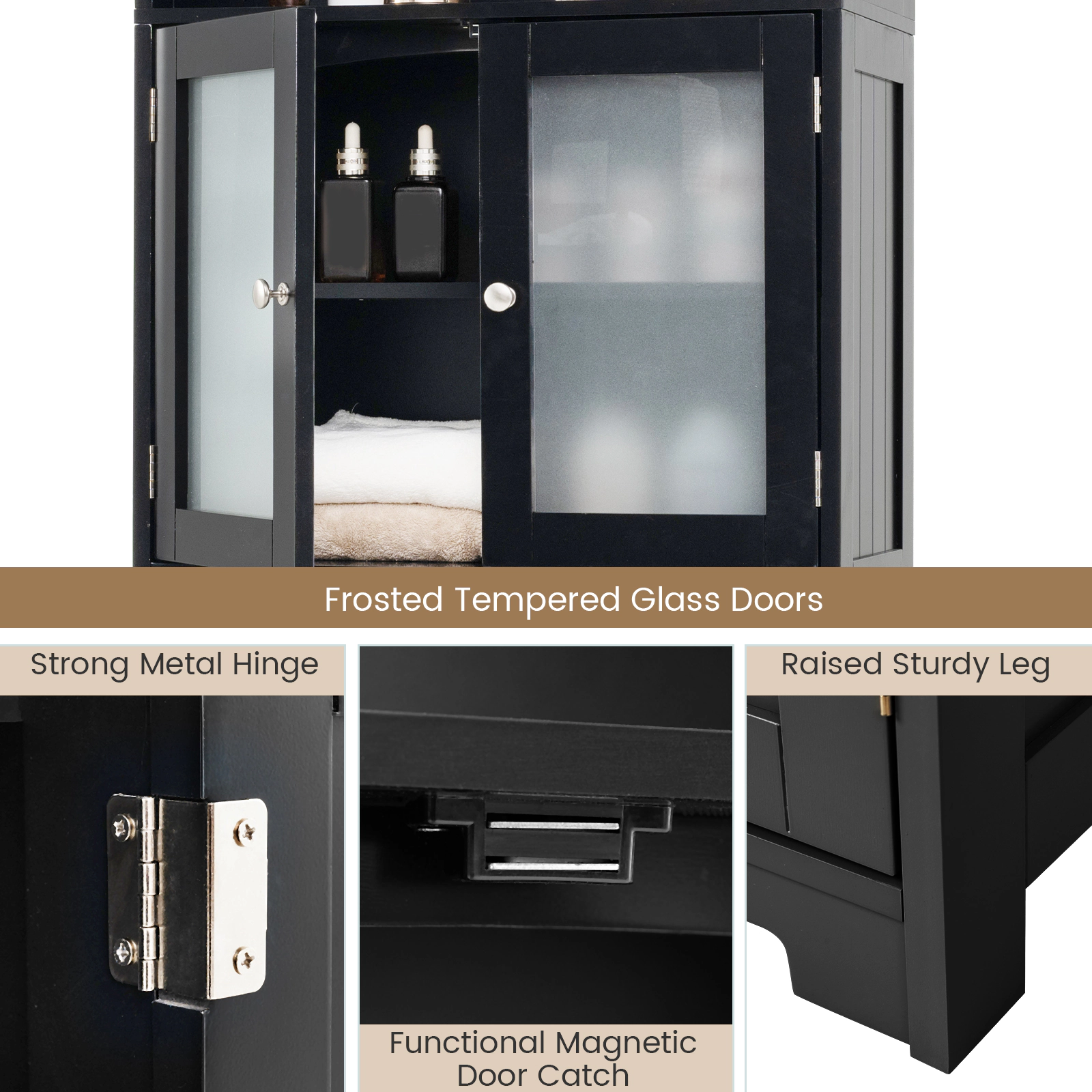 Glintex 6-Tier Bathroom Cabinet with Glass Doors 2 Open Bays and Raised Legs