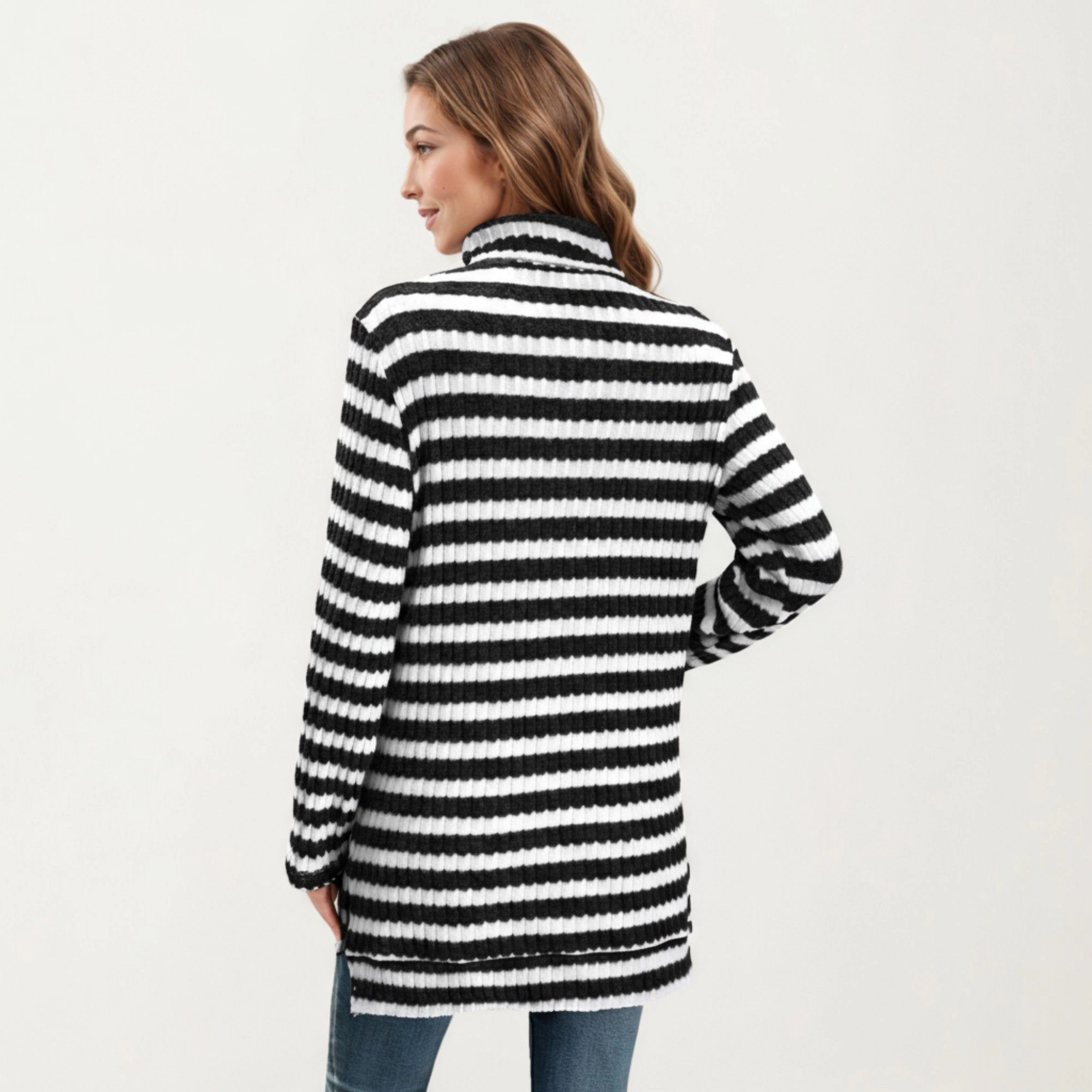 Anna-Kaci Women's Striped Ribbed Turtleneck Tunic Length Relaxed Fit Long Sleeve Pullover Top