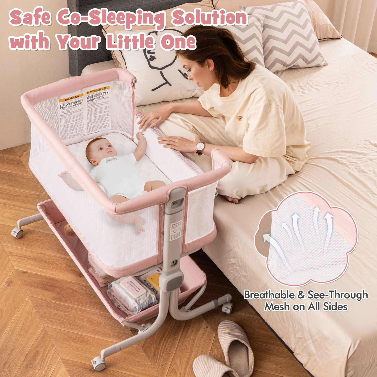 SUGIFT 3-in-1 Baby Bassinet Bedside Sleeper with 6-Level Adjustable Height 20-lb Capacity Ages 0-6 Months Pink