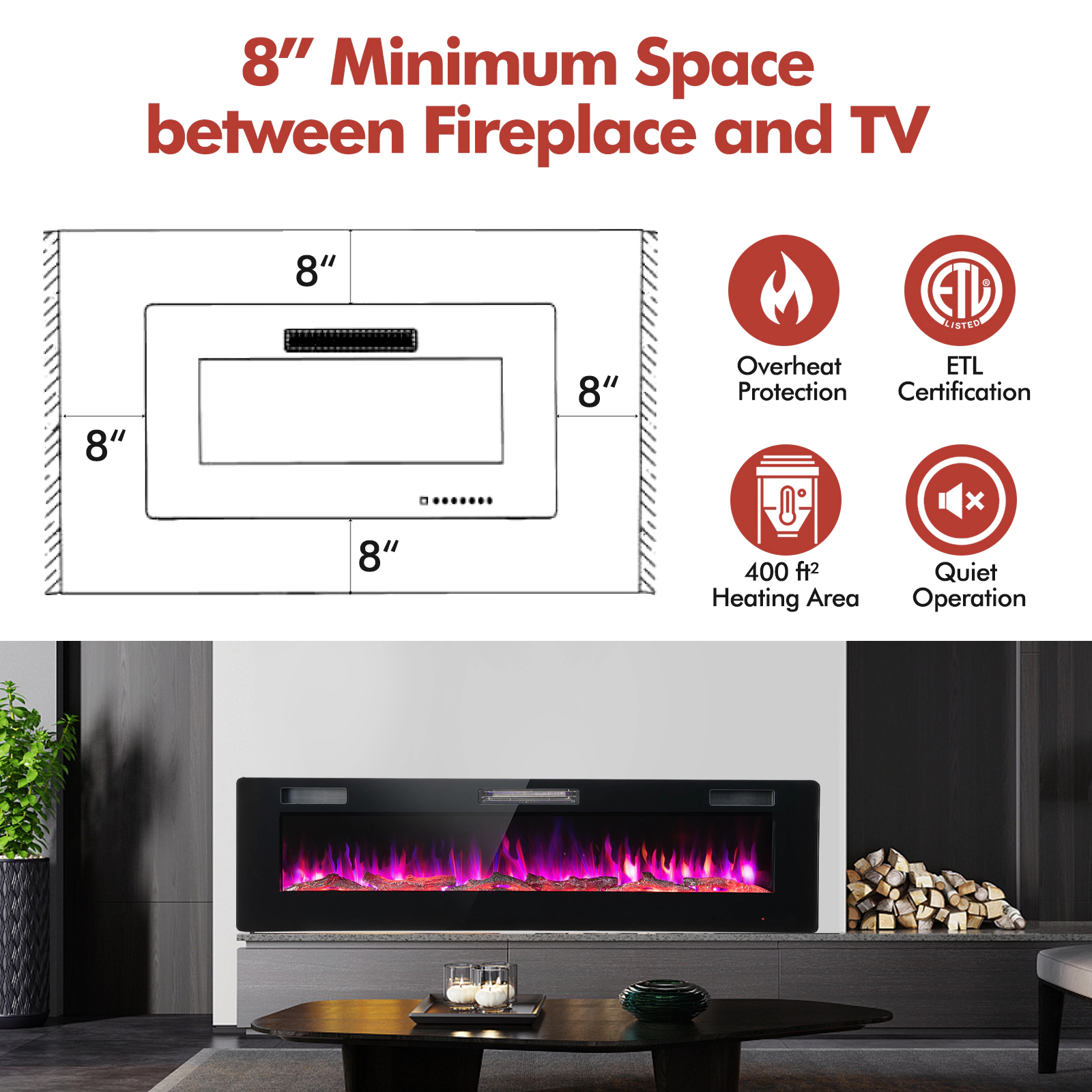 SUGIFT 60-in Ultra-Thin 12 Flame Colors Wall Mounted Electric Fireplace 60-in x 3.86-in x 18.11-in 5100 BTU Black