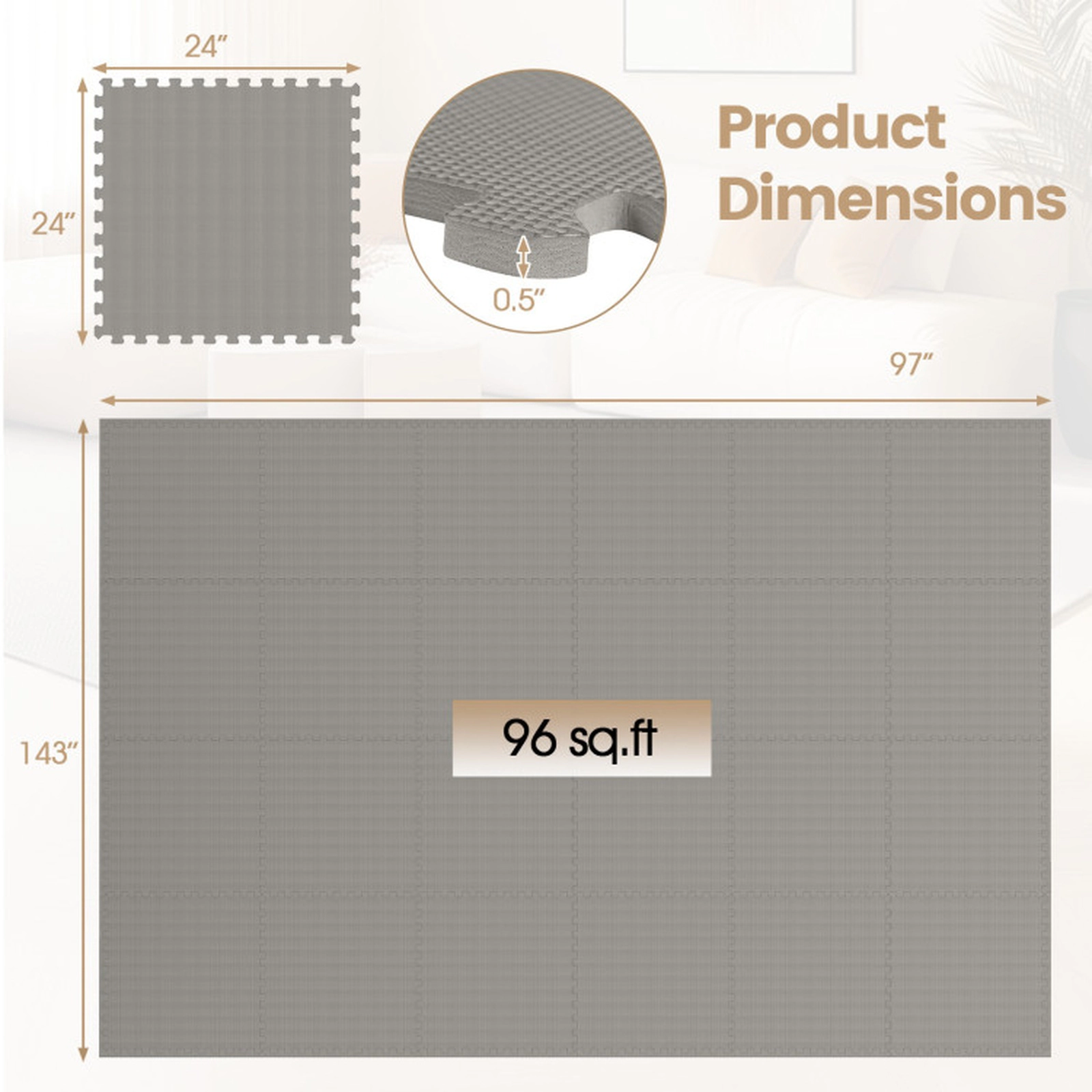 SUGIFT Non-Slip Interlocking EVA Foam Floor Mats 0.5-in Thick Floor Tiles Gray