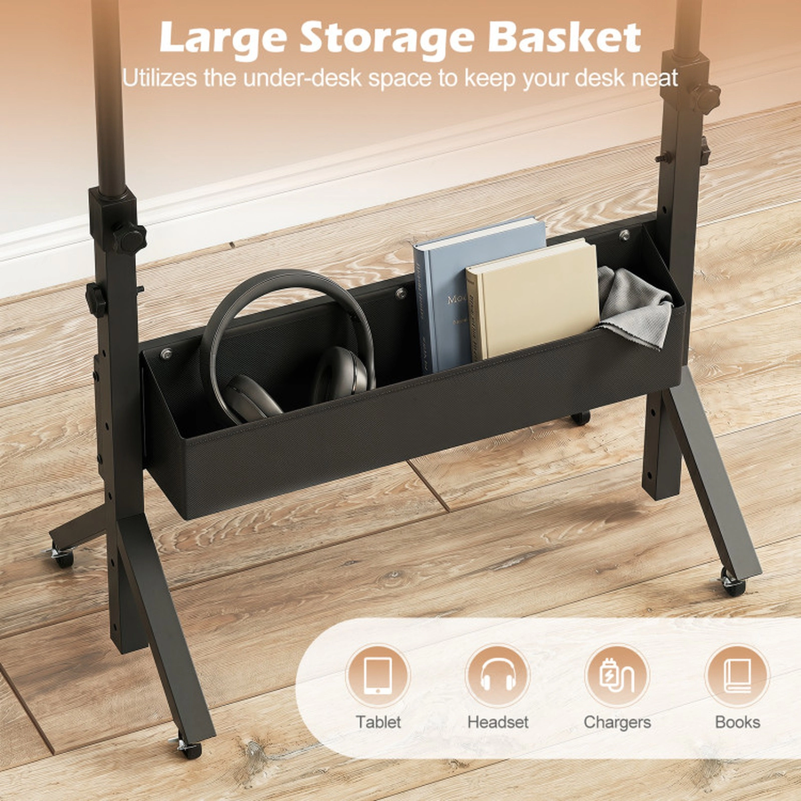 SUGIFT Black Rolling Standing Desk with Treadmill Laptop Workstation, Cup Holder, Basket and Locking Wheels