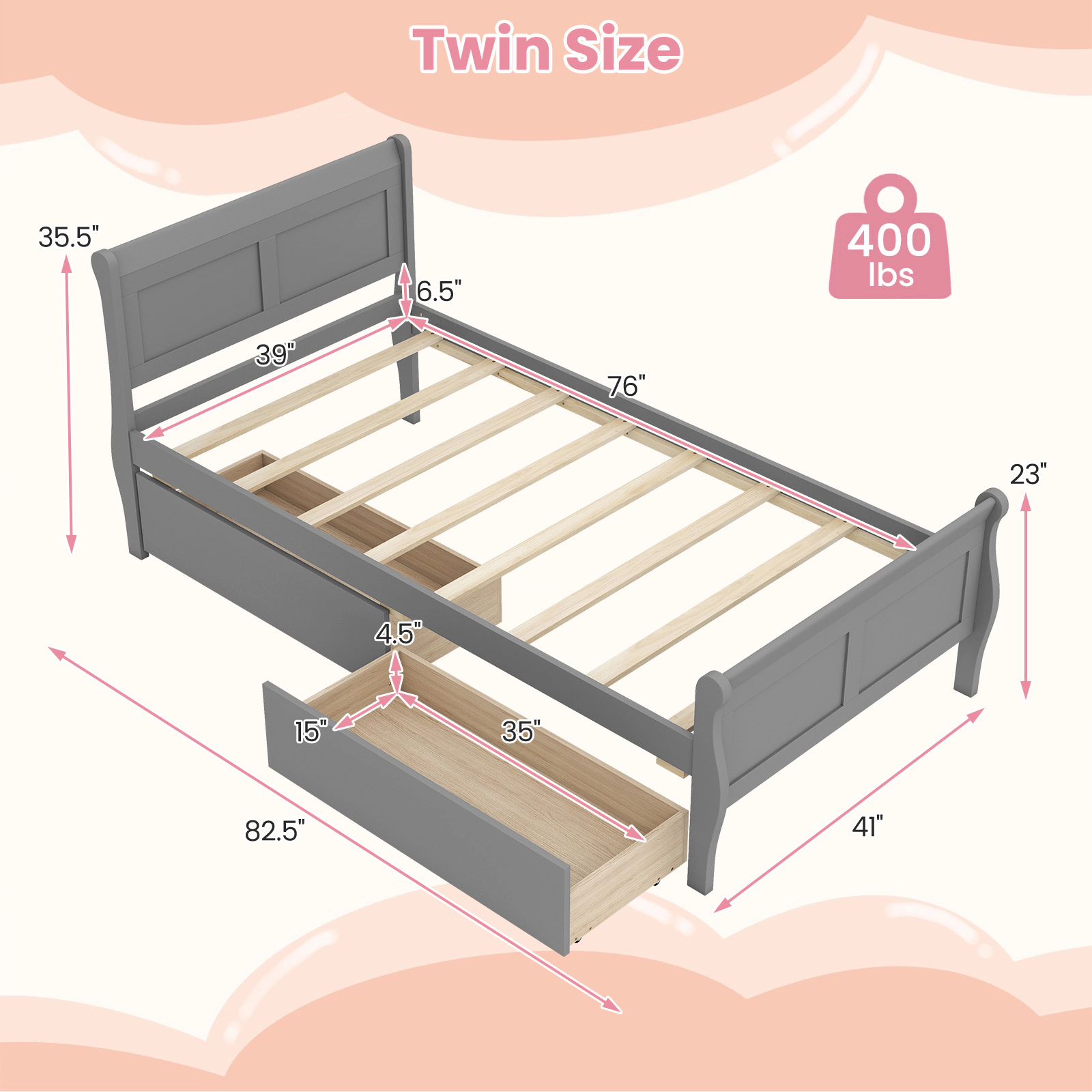 LJG Twin Size Sleigh Bed with 2 Storage Drawers Wood Platform Bed Frame