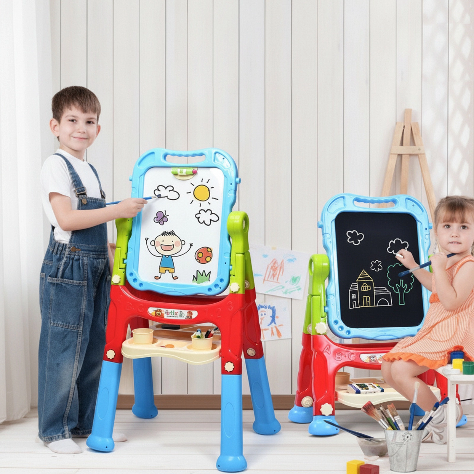 Height Adjustable Kids Easel 360-Degree Rotating Magnetic Double-Sided Board Detachable Panel 2 Leg Lengths Blue