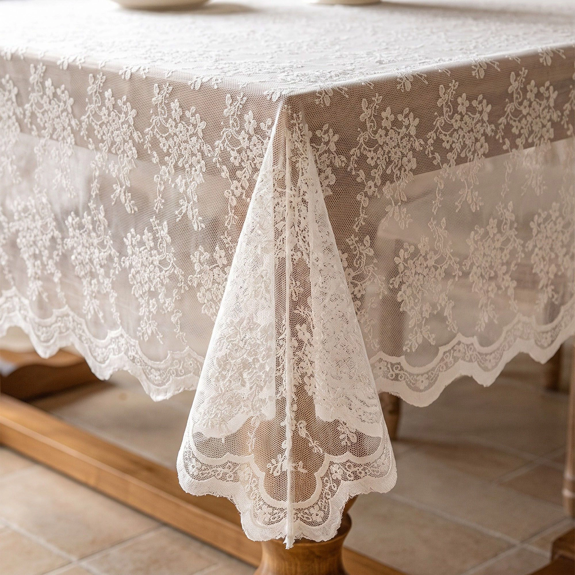 Alilang Unisex Off White Floral Lace Square Tablecloth with Scalloped Edges 55.1x55.1in