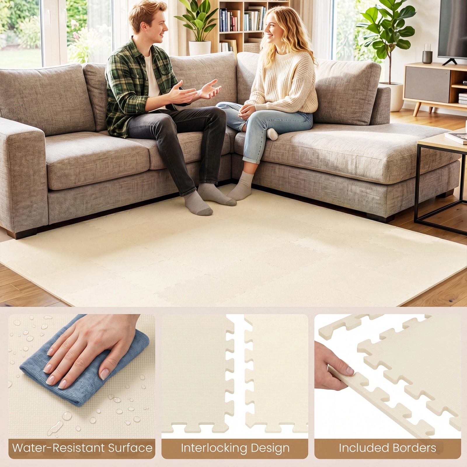 SUGIFT High-Density Interlocking Foam Floor Mats 0.4-in Thick Tiles 12.5-in Square Beige