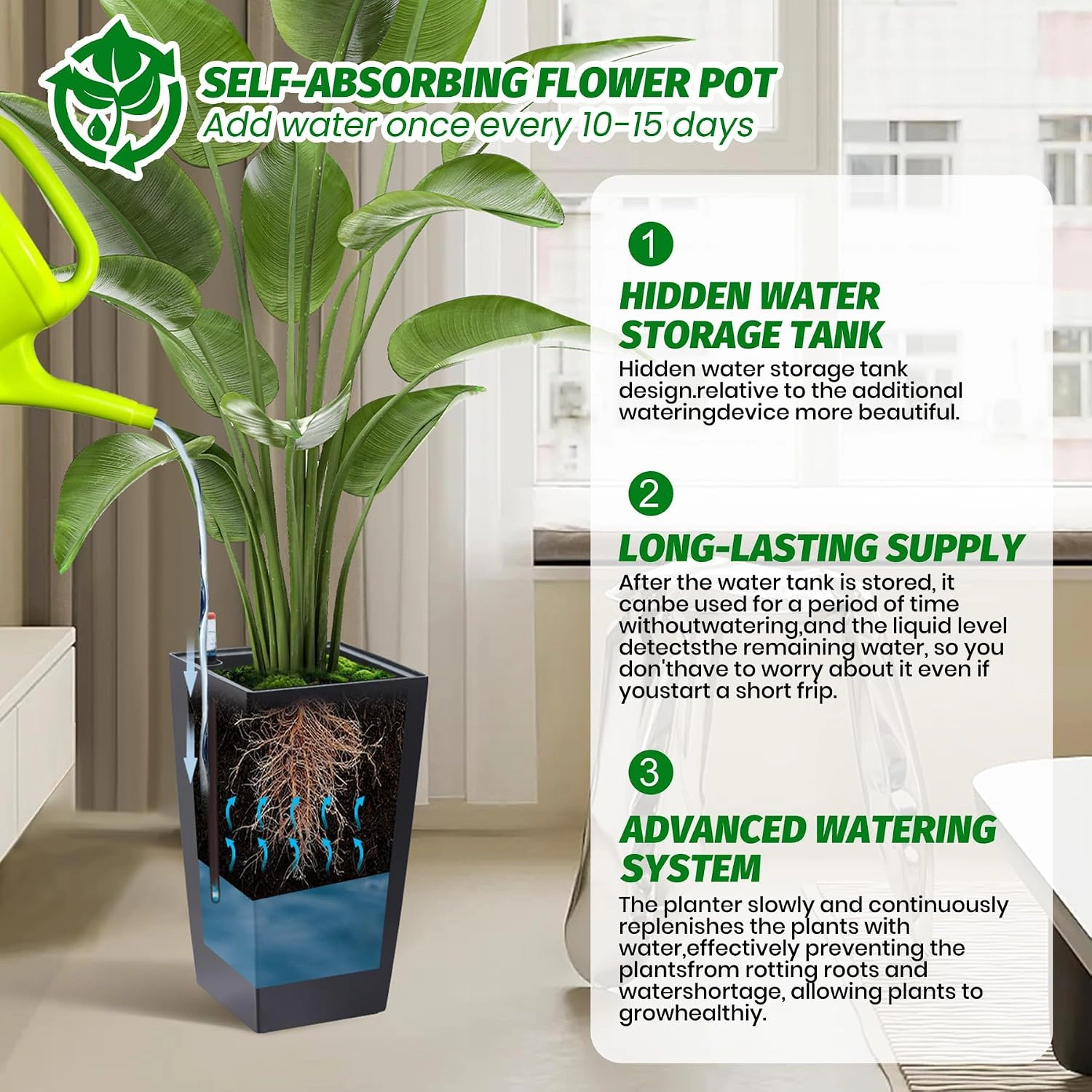 Set of 2 Planters 16" Tall, Self-Watering with Drainage & Water Level Monitor, Wheels, Indoor Outdoor