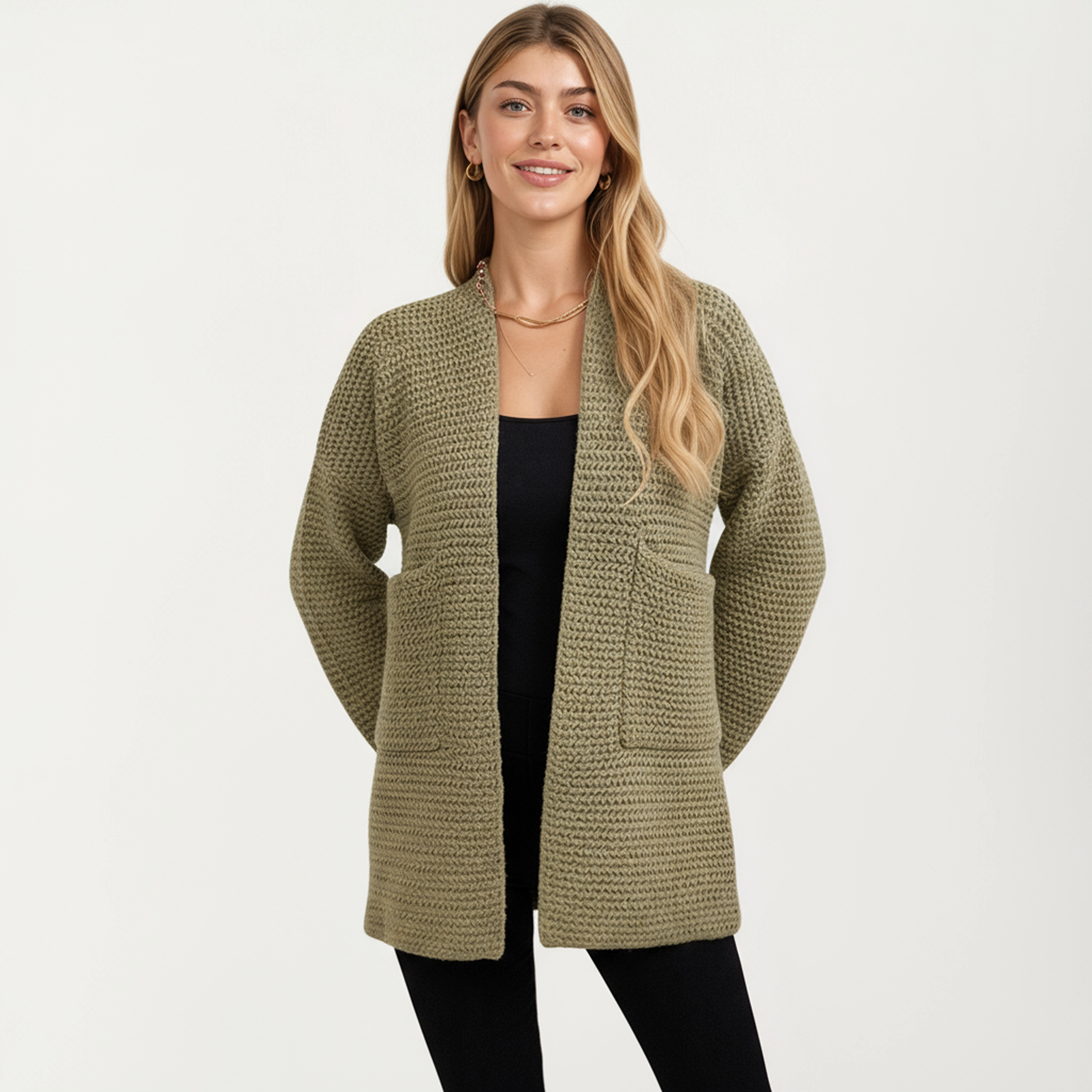 Anna-Kaci Women's Open Front Long Sleeve Textured Knit Design Cardigan with Relaxed Fit
