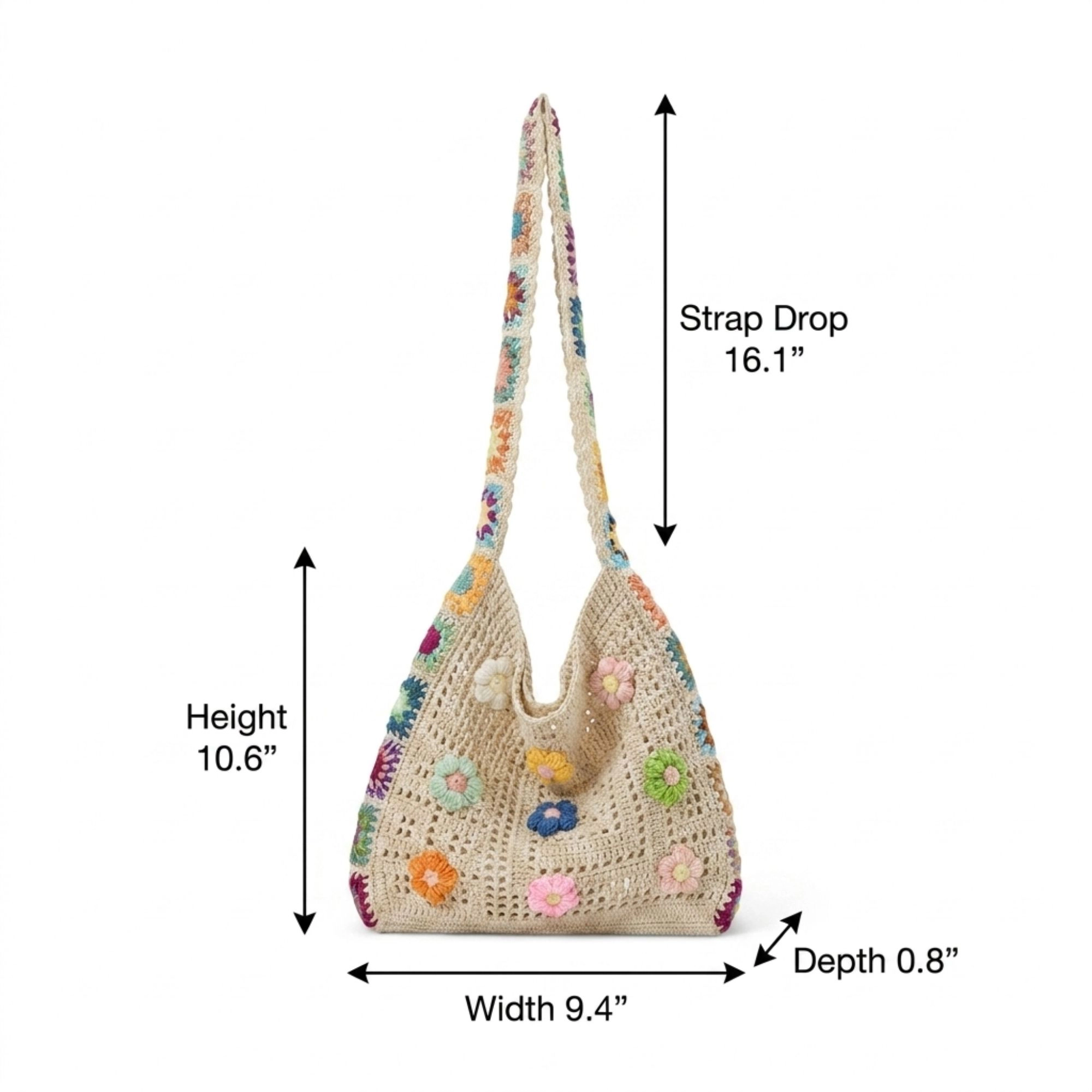 Alilang Women's Crochet Shoulder Bag with Flower Applique and Wide Strap, Beige