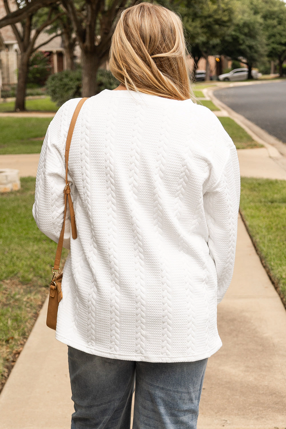 Threaded Pear Women's White Cable Textured Loose Plus Sweatshirt