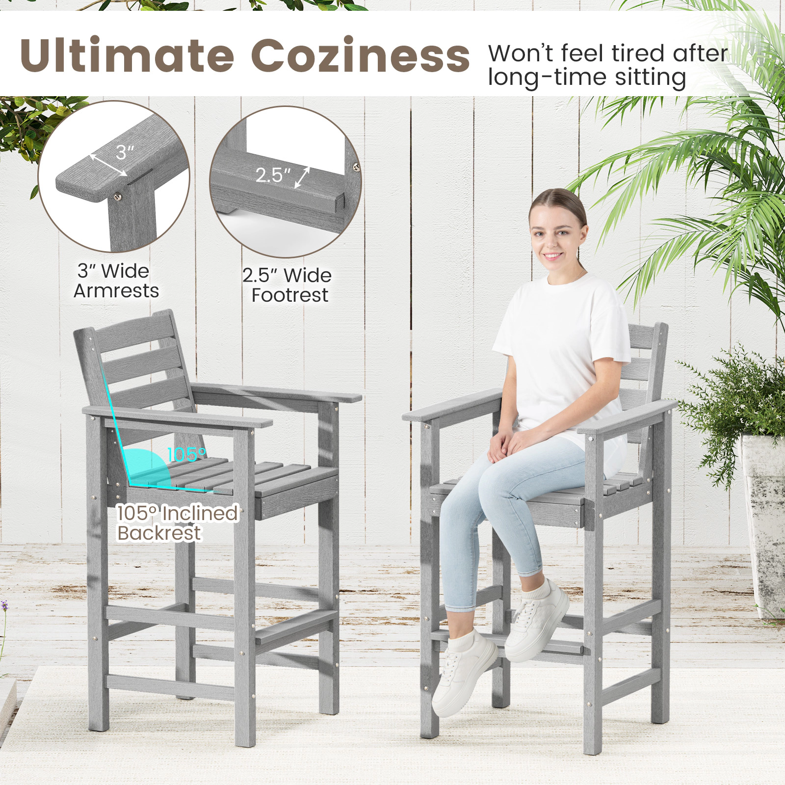 SUGIFT Adirondack Patio Bar Chairs Set of 2 330-lb Capacity Gray