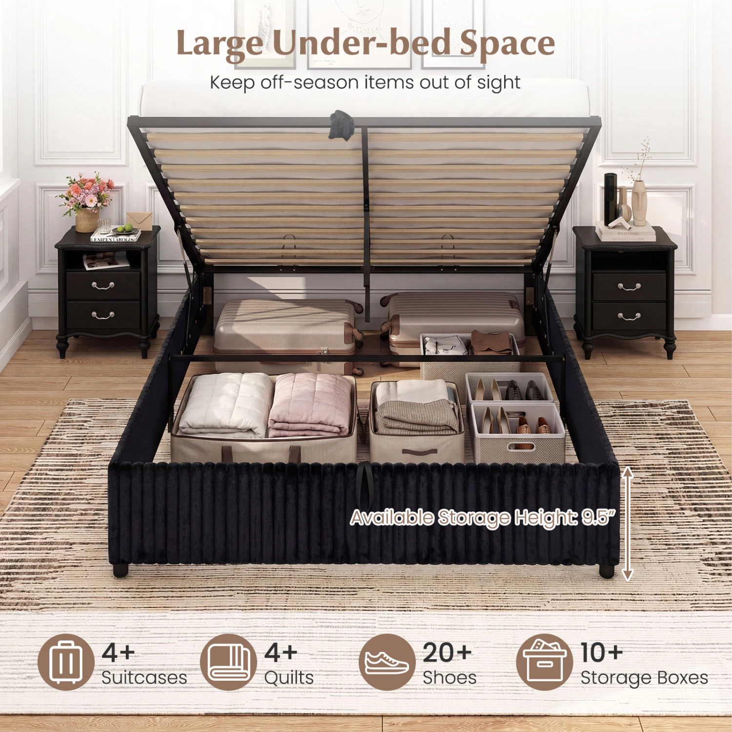 LJG Queen Lift-up Storage Bed with Wooden Slat Support