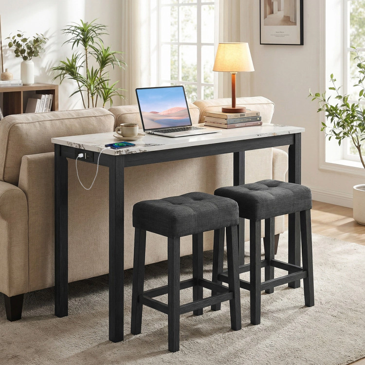 SUGIFT White Side Charging Station and Faux Marble Top 3-Piece Bar Table Set