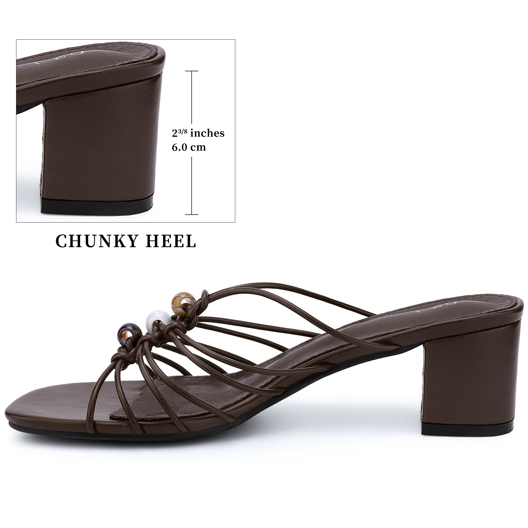 BLISSFUL STEP Women's Beaded Square Toe Strappy Slip on Chunky Heel Sandals