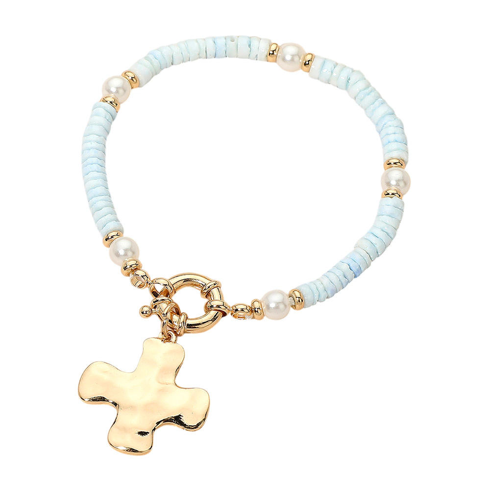 FASHNZFAB Hammered Metal Cross Charm Pearl Beaded Bracelet