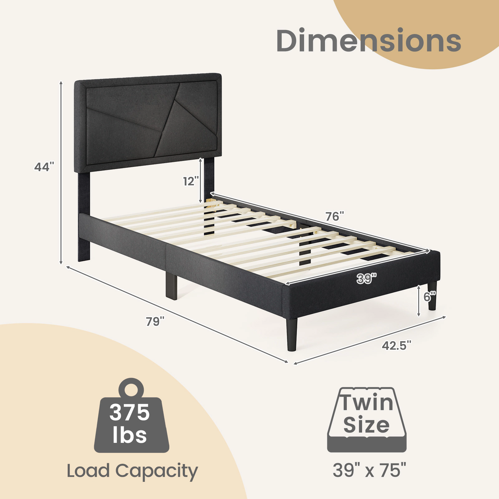 SUGIFT Twin Upholstered Platform Bed, Gray Faux Linen, 44-Inch Headboard