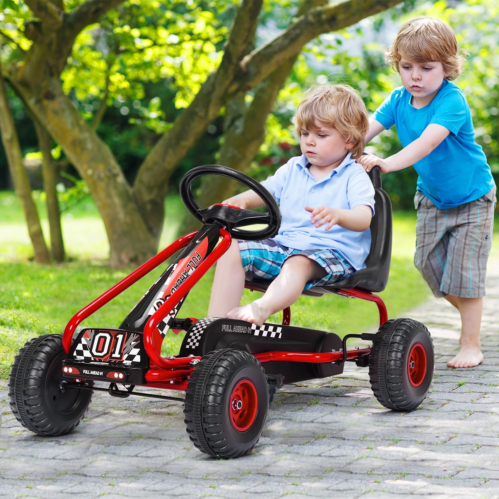 Kids Pedal Go Kart 4-Wheel Ride on Adjustable Seat Steering Wheel Hand Brake No Battery Needed Ages 3-6 66-lb Capacity