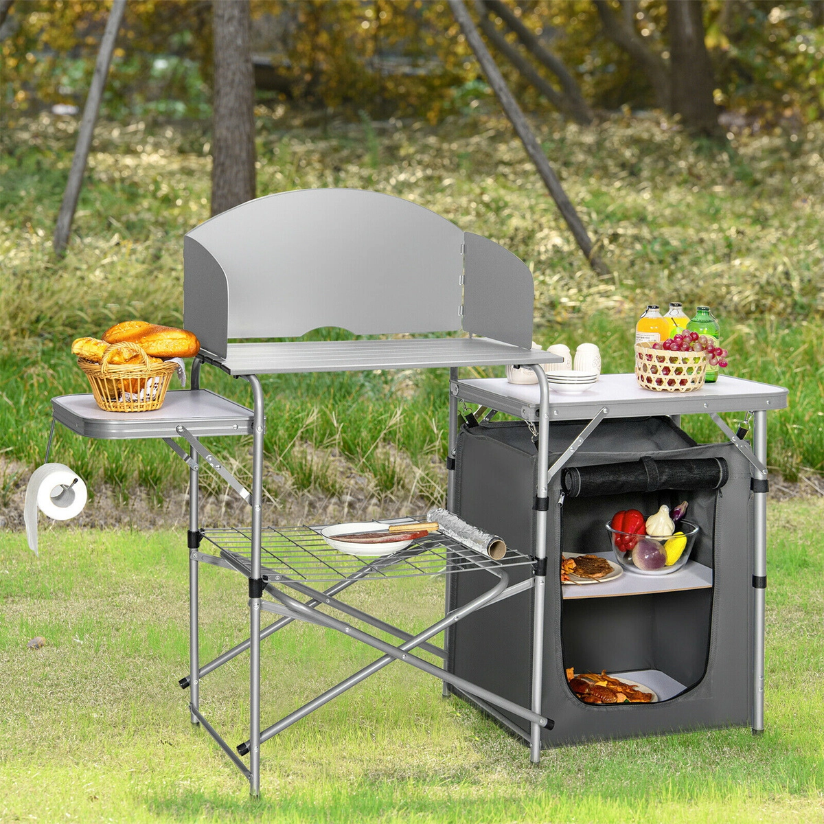 SUGIFT Foldable Camping BBQ Grilling Table with Windscreen and Storage Bag 46-lb Surface Capacity Brown/Gray