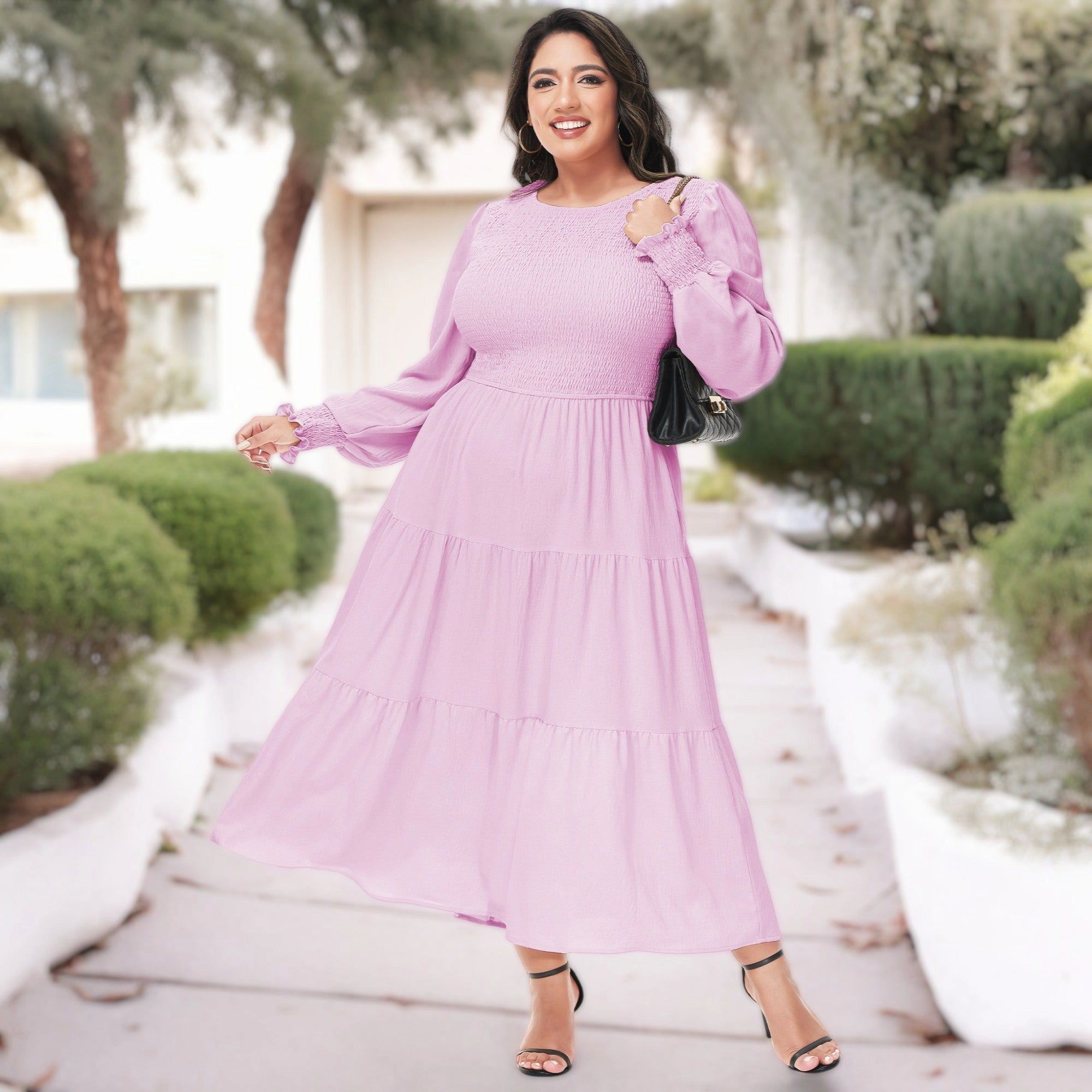 Anna-Kaci Womens Plus Smocked Chest Round Neck Flowy Tiered Maxi Dress