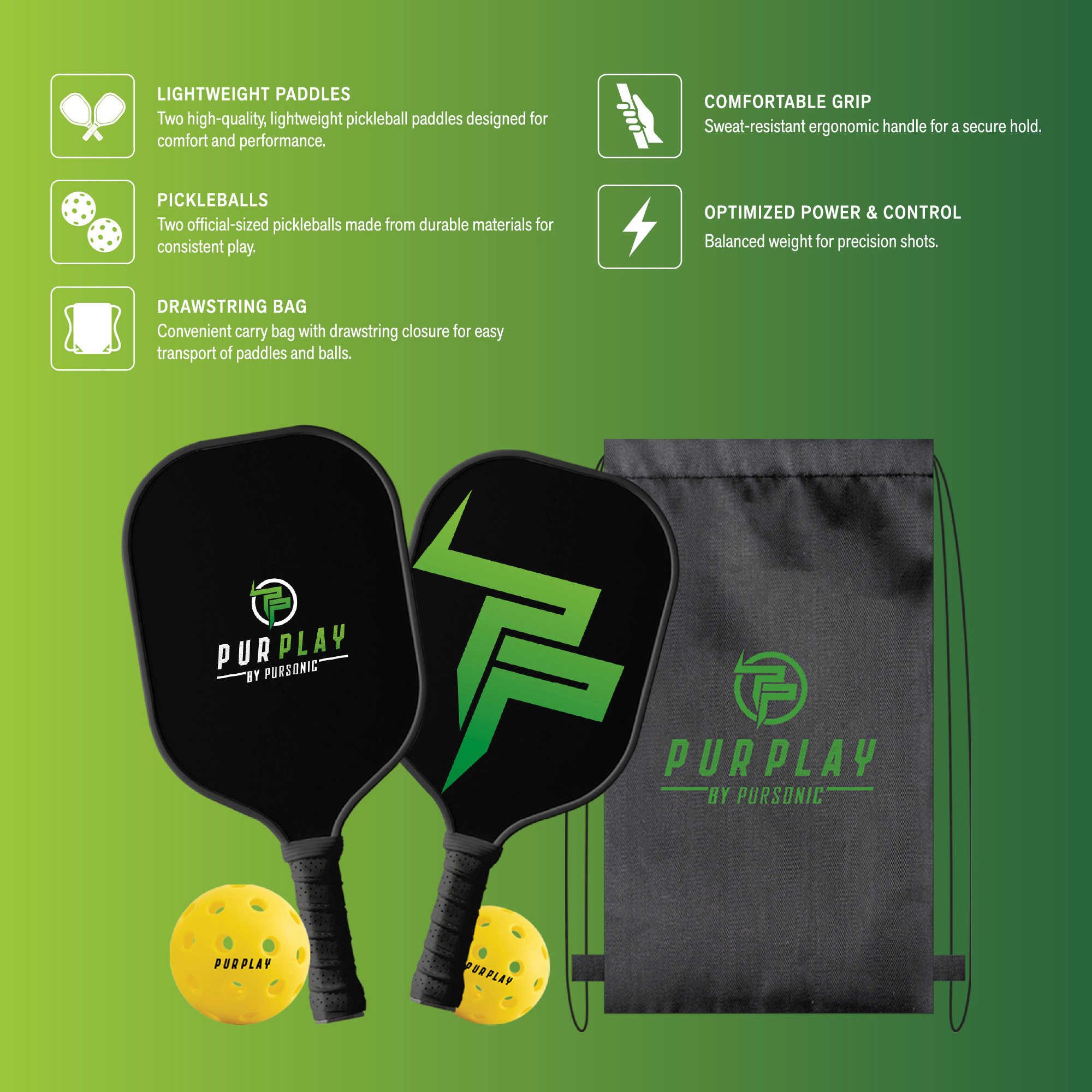 Pursonic Unisex High Performance Pickleball Set with Paddles, Balls & Carry Bag