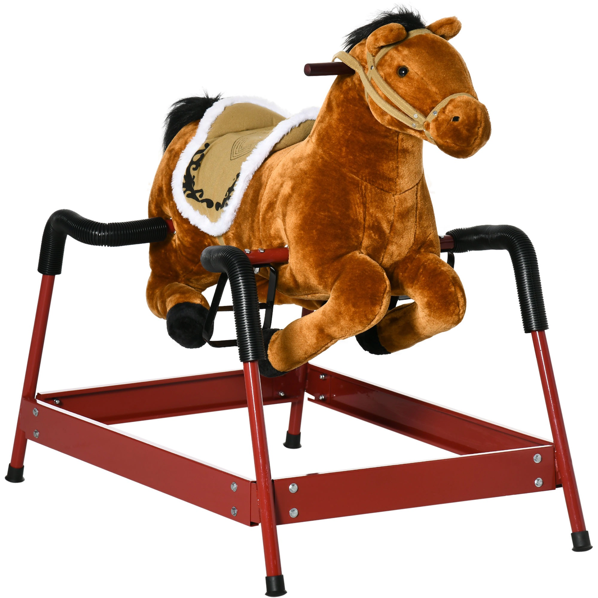 HONGGE Kids Spring Rocking Horse Ride-On Toy with Neighing Sounds, Holds up to 132 lbs, Ages 5-12, Light Brown