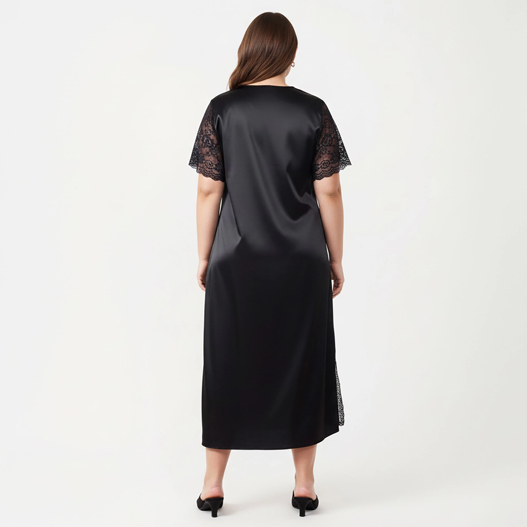 Anna-Kaci Women's Plus Satin Nightdress with Lace Trim Sleeves and High Side Slit Featuring Soft Draping Fabric