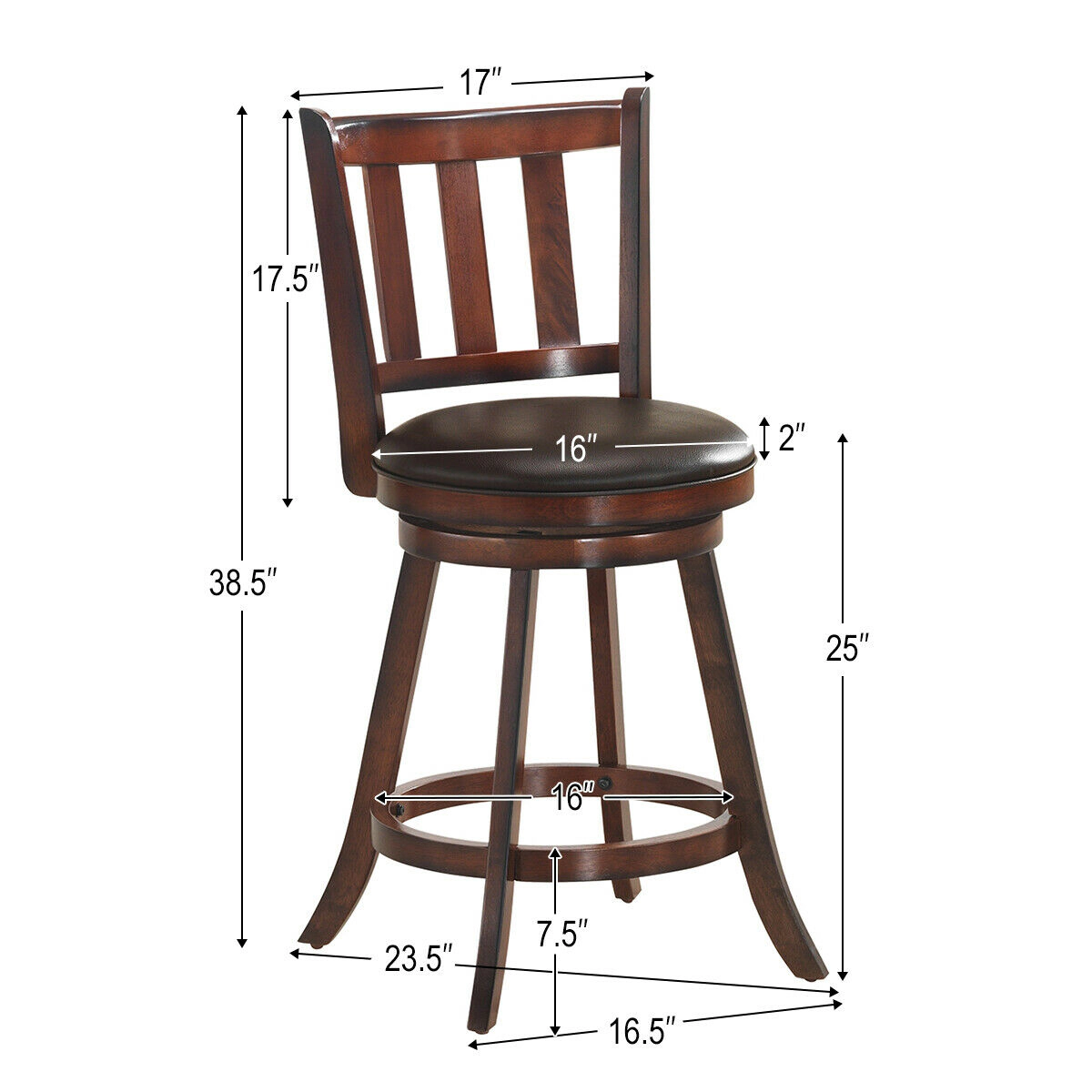LJG 2 Pieces 360 Degree Swivel Wooden Counter Height Bar Stool Set with Cushioned Seat-25 Inches