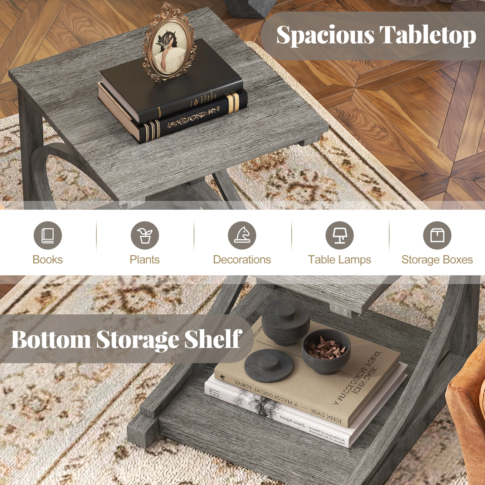 Slickblue Sofa End Table with Storage Shelf, C Shaped Accent Table for Living Room Bedroom Gray