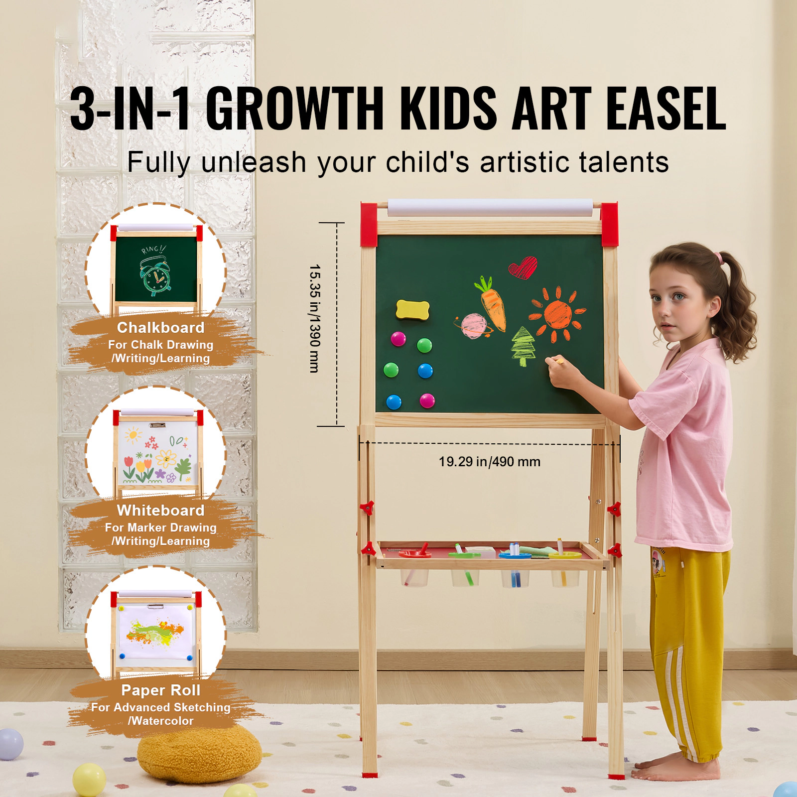 HONGGE Art Easel for Kids, 3-in-1 Wooden Double-Sided Kid's Art Easel with Magnetic Whiteboard, Chalkboard, Paper Roll