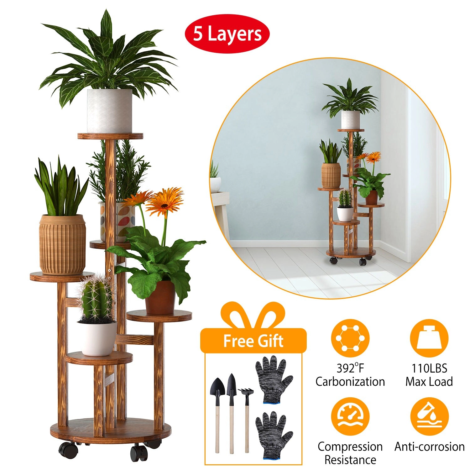 GBruno 5-Tier Rolling Plant Stand With Wheels