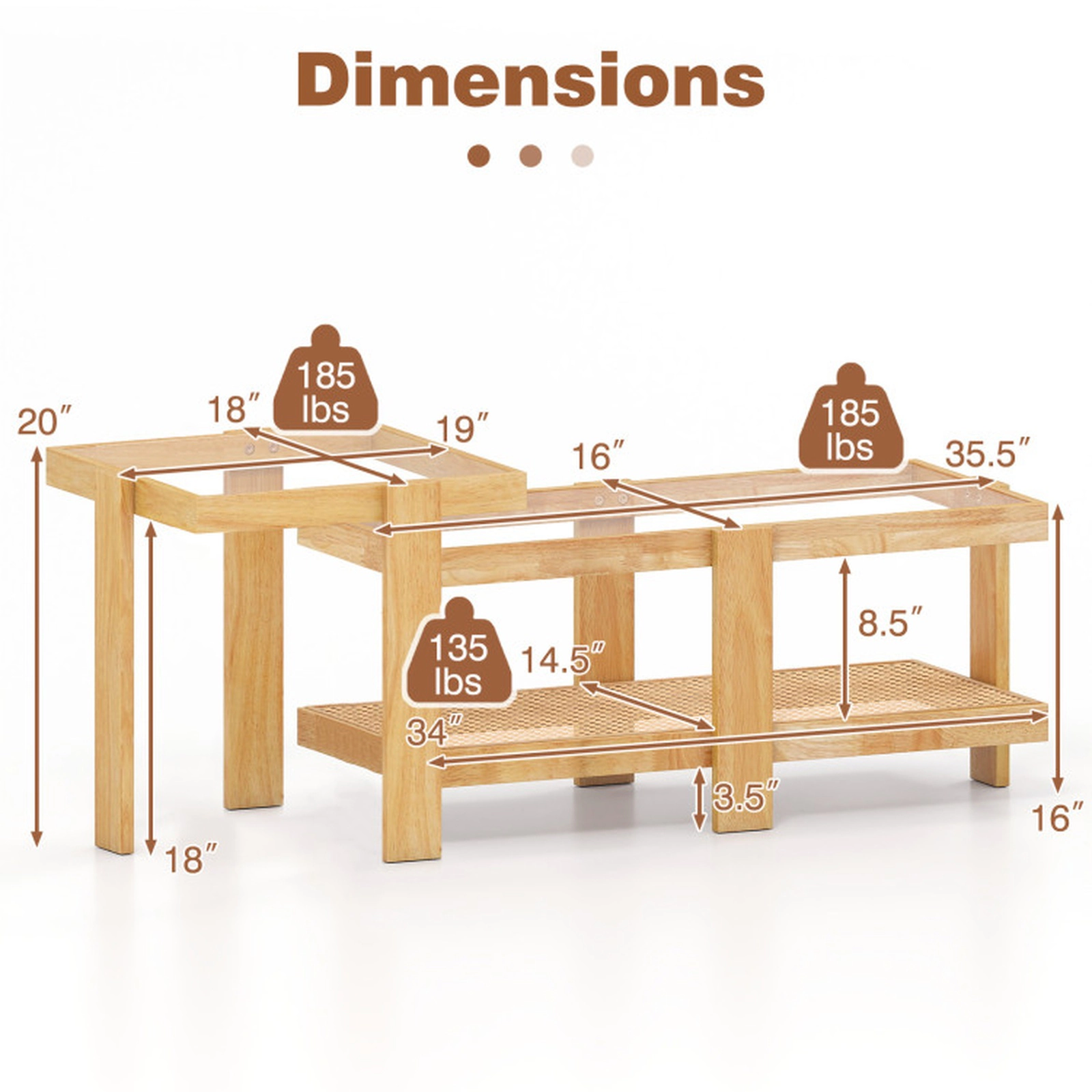 SUGIFT Set of 2 Nesting Coffee Tables with Tempered Glass Tops and Rattan Shelf 185-Lb Large Top Capacity Natural