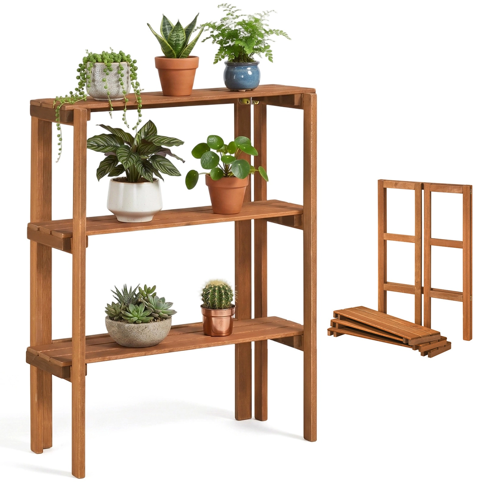 SUGIFT Natural 3-Tier 36-in Folding Wooden Slatted Storage Shelf Plant Stand and Shoe Rack for Entryway