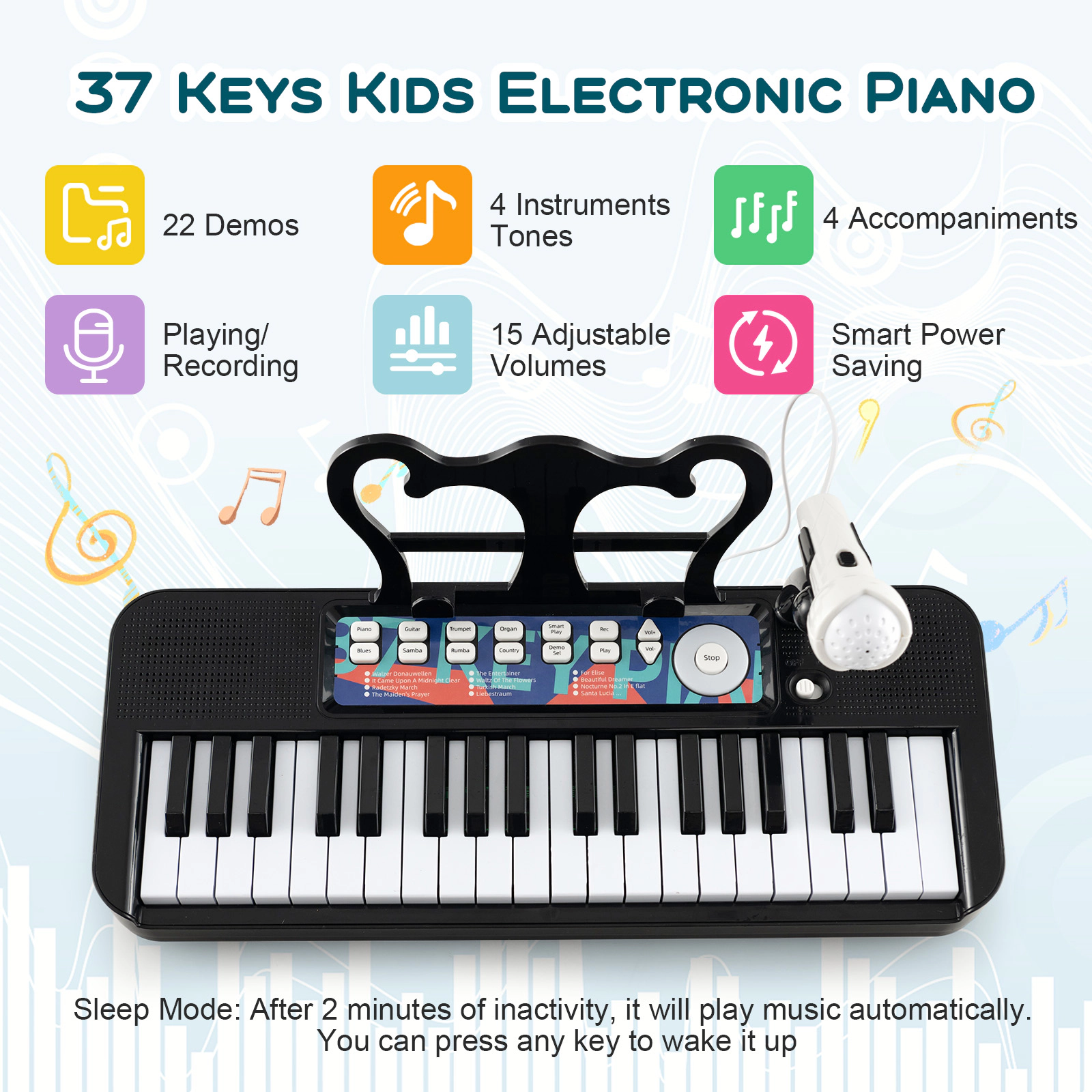 SUGIFT Kids Black 37-Key Toy Piano Keyboard with Detachable Legs and Microphone 16.1-in W 9-in D 17.9-in H Ages 3+
