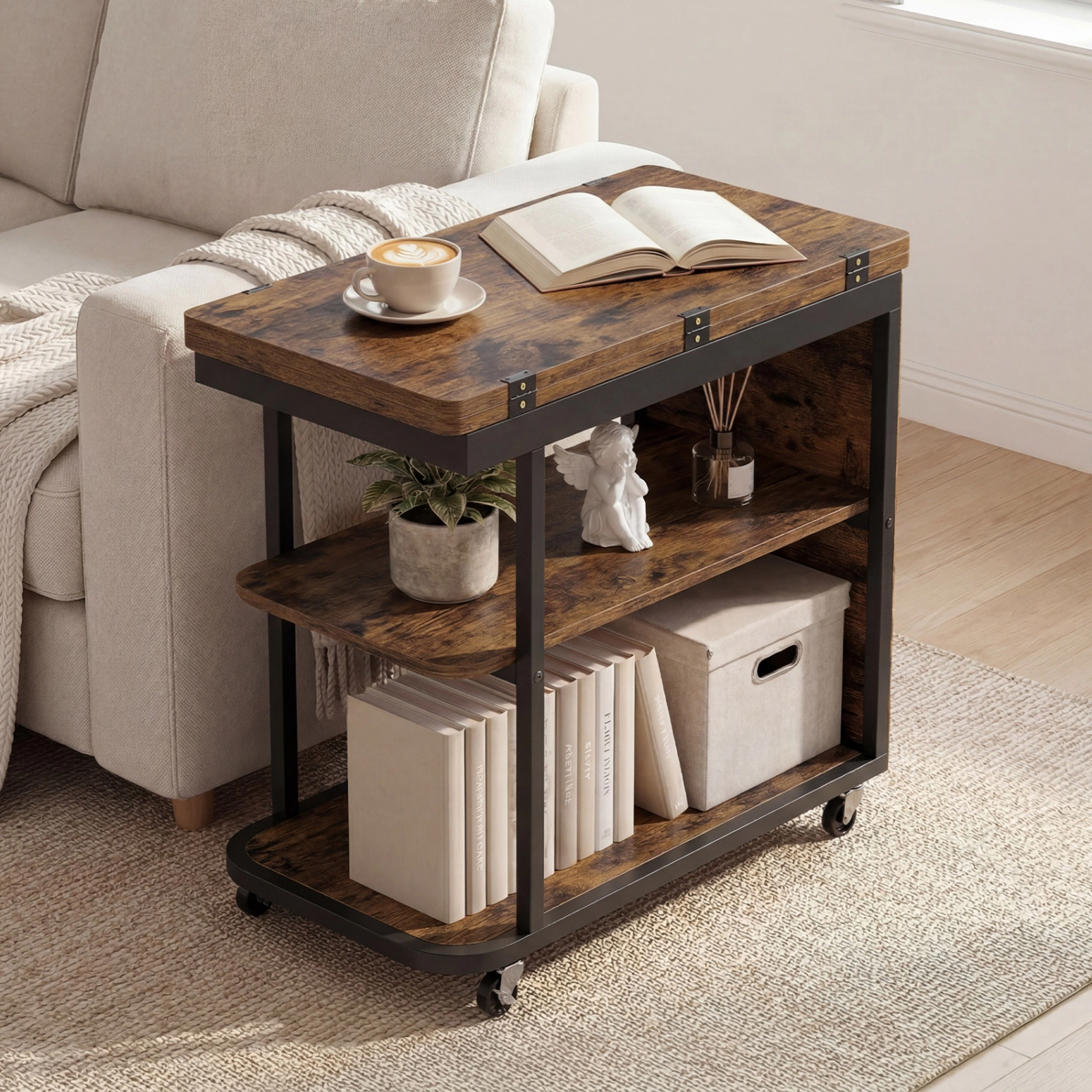 SUGIFT Mobile Nightstand Rustic Brown with 360 Degree Swivel Foldable Top and 2 Shelves