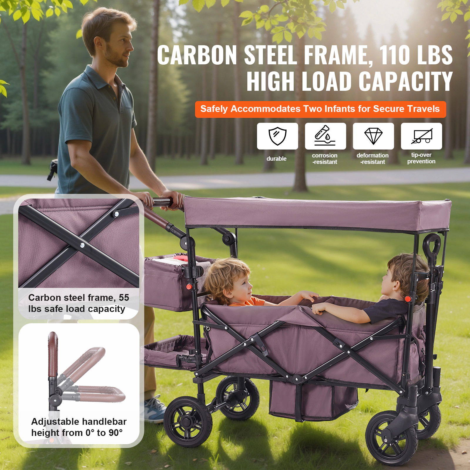 HONGGE Foldable Wagon Stroller for 2 Kids with Removable Canopy, Adjustable Handle & Wheel Brakes, Dark Purple