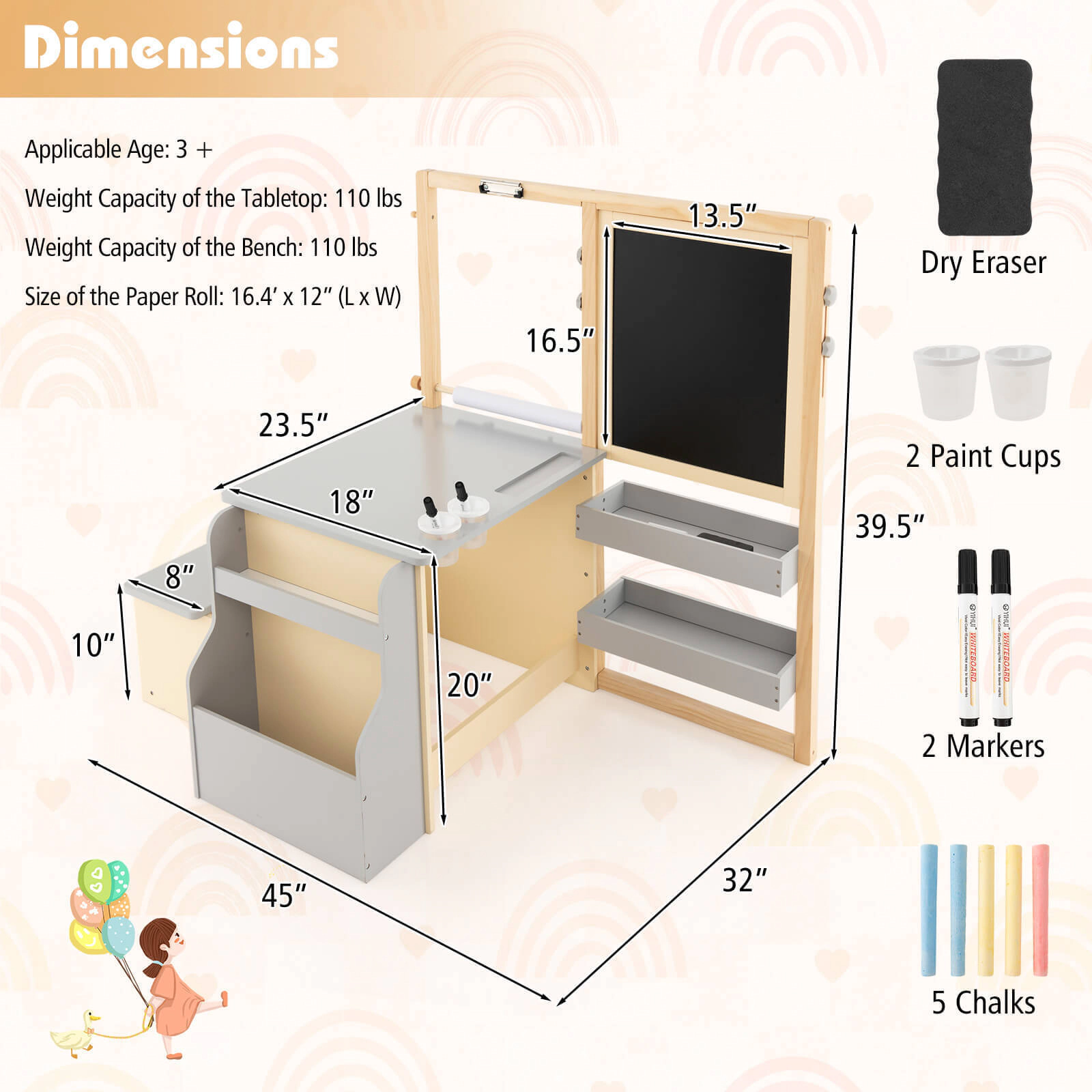 SUGIFT Kids Art Table and Bench Set with Double-Sided Easel, Magnetic Whiteboard, Chalkboard, Paper Roll, Gray