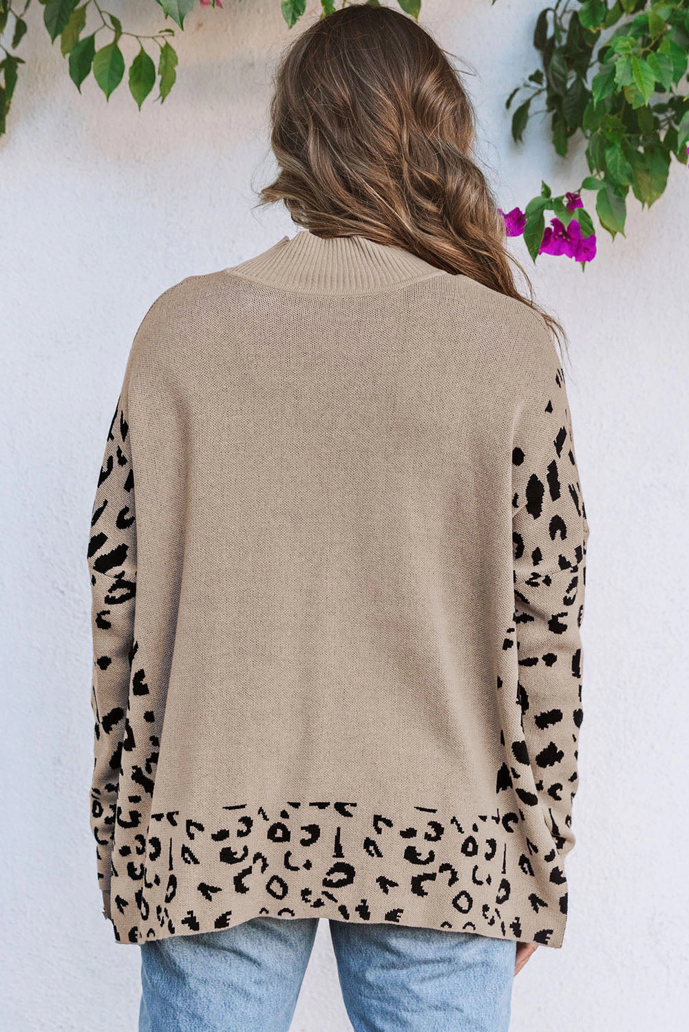 Threaded Pear Women's Sarai Leopard High Neck Side Slit Oversized Sweater
